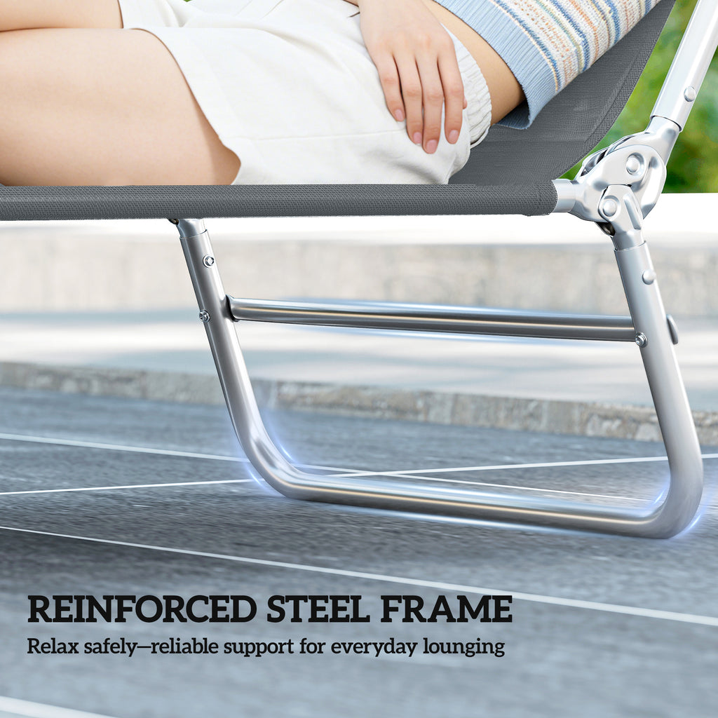 Folding Outdoor Lounge Chair, Reclining Tanning Chair with 5-Position Adjustable Backrest, Dark Grey