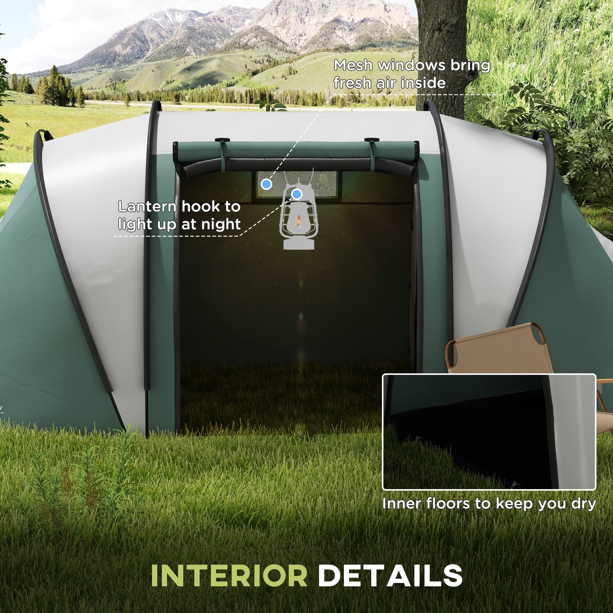 Camping Tent with 2 Bedrooms and Living Area, 3000mm Waterproof Family Tent, for Fishing Hiking Festival, Army Green
