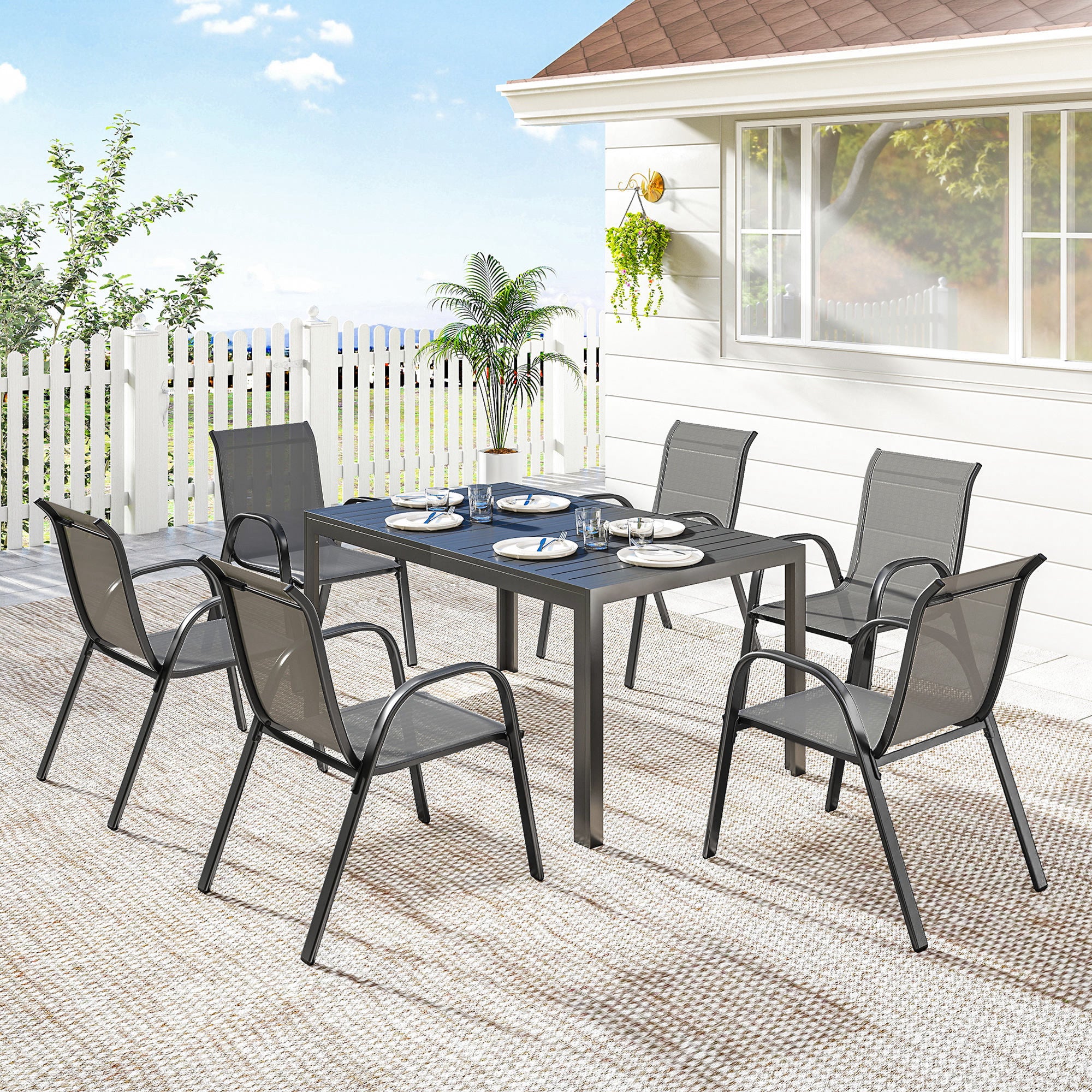 7 Pieces Outdoor Dining Set for 6, Patio Furniture Set with Rectangular Patio Table and Stackable Chairs, Light Grey