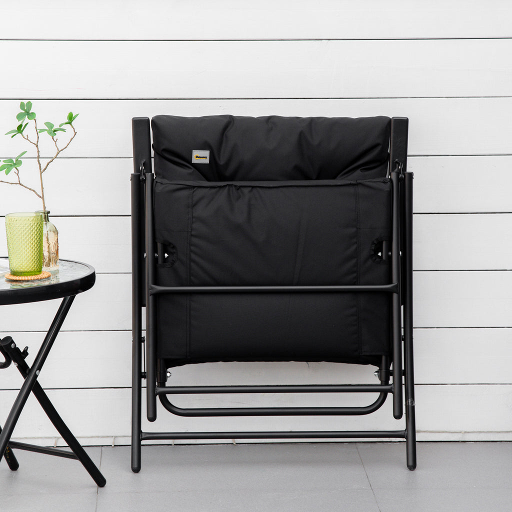 Foldable Lounge Chair, Fabric Upholstered Recliner, Outdoor Lounger with Armrest, Metal Frame for Backyard, Black