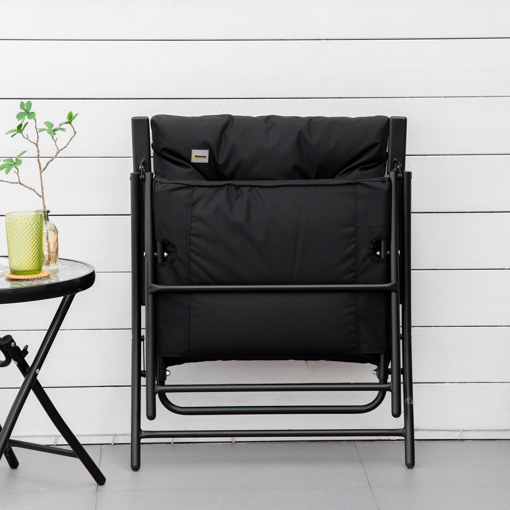 Foldable Lounge Chair, Fabric Upholstered Recliner, Outdoor Lounger with Armrest, Metal Frame for Backyard, Black