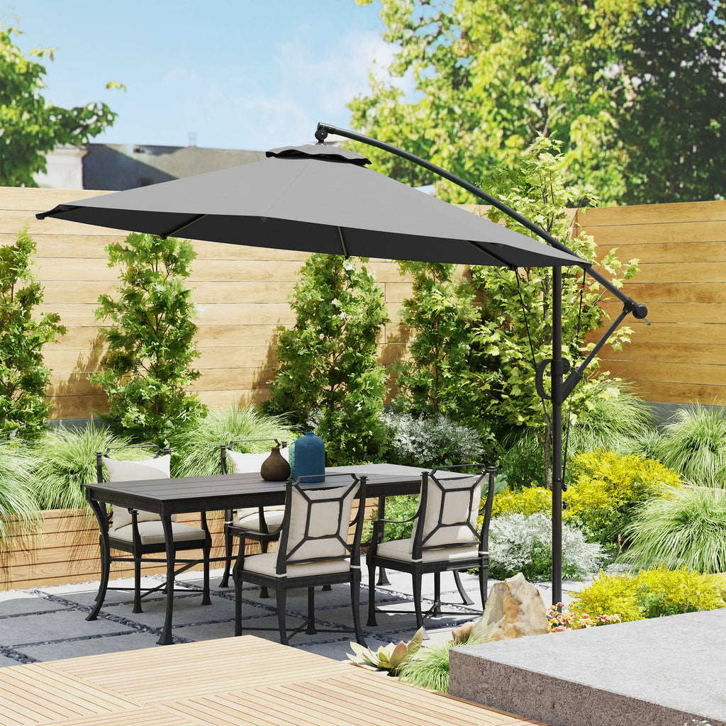 118.1" Patio Offset Umbrella with Cover and Wind Protection Strap,with Crank Handle and Tilt, UPF50+, Grey