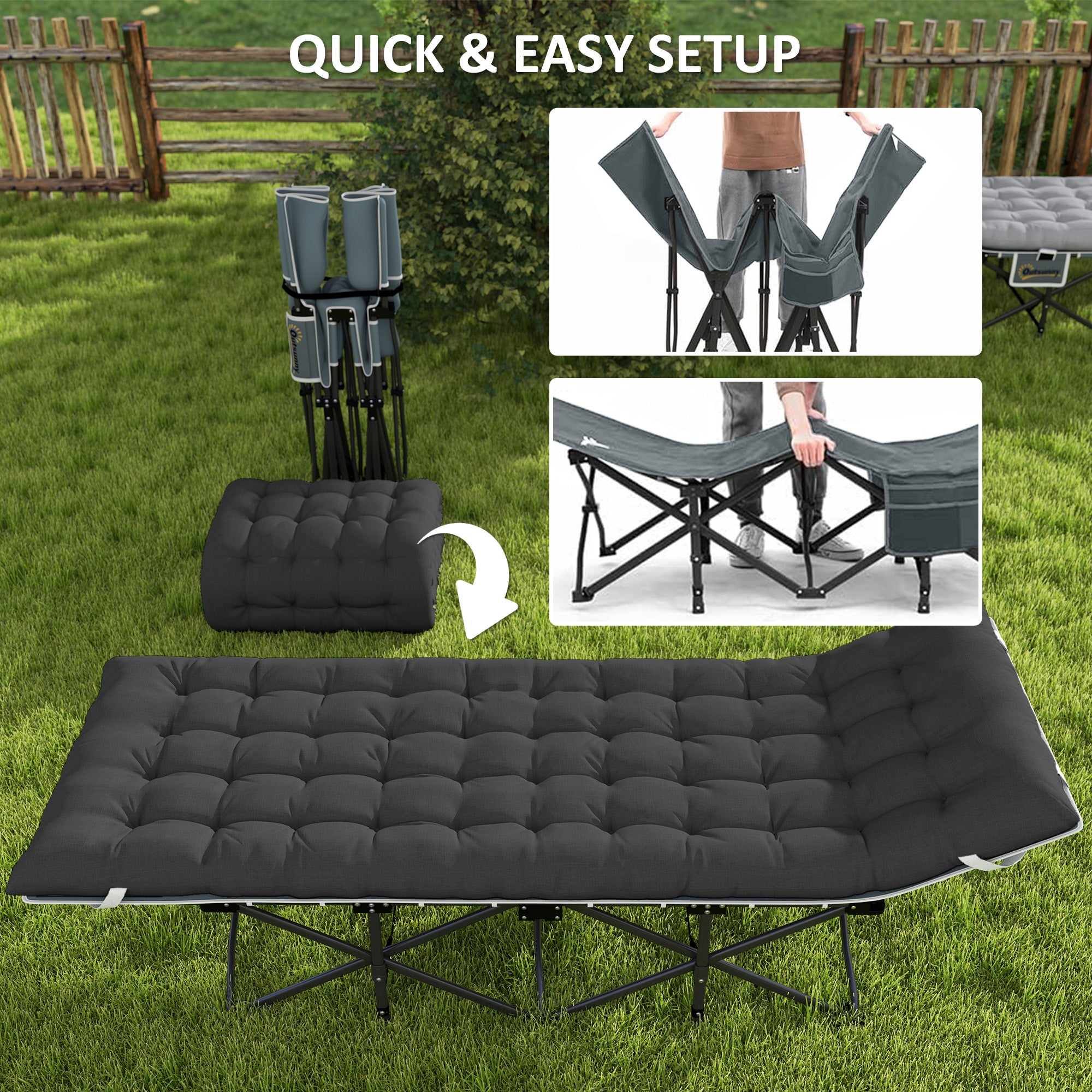 26.8" Wide Folding Bed, Camping Cot for Adults with Cushion, Carry Bag, Max Load 330 LBS, Black