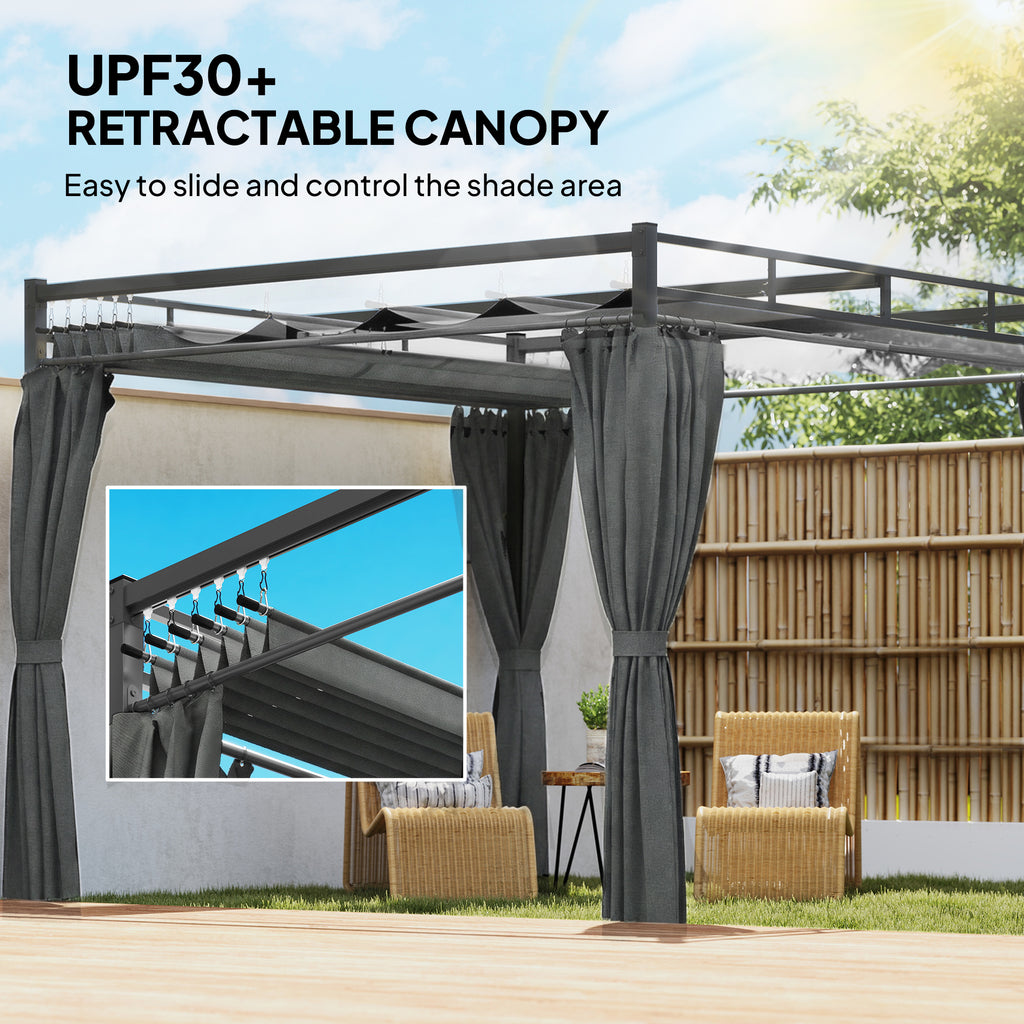 10' x 10' Outdoor Gazebo, Retractable Pergola Canopy with Curtains, UPF30+ Free Standing Metal Pergola Kit, Dark Grey
