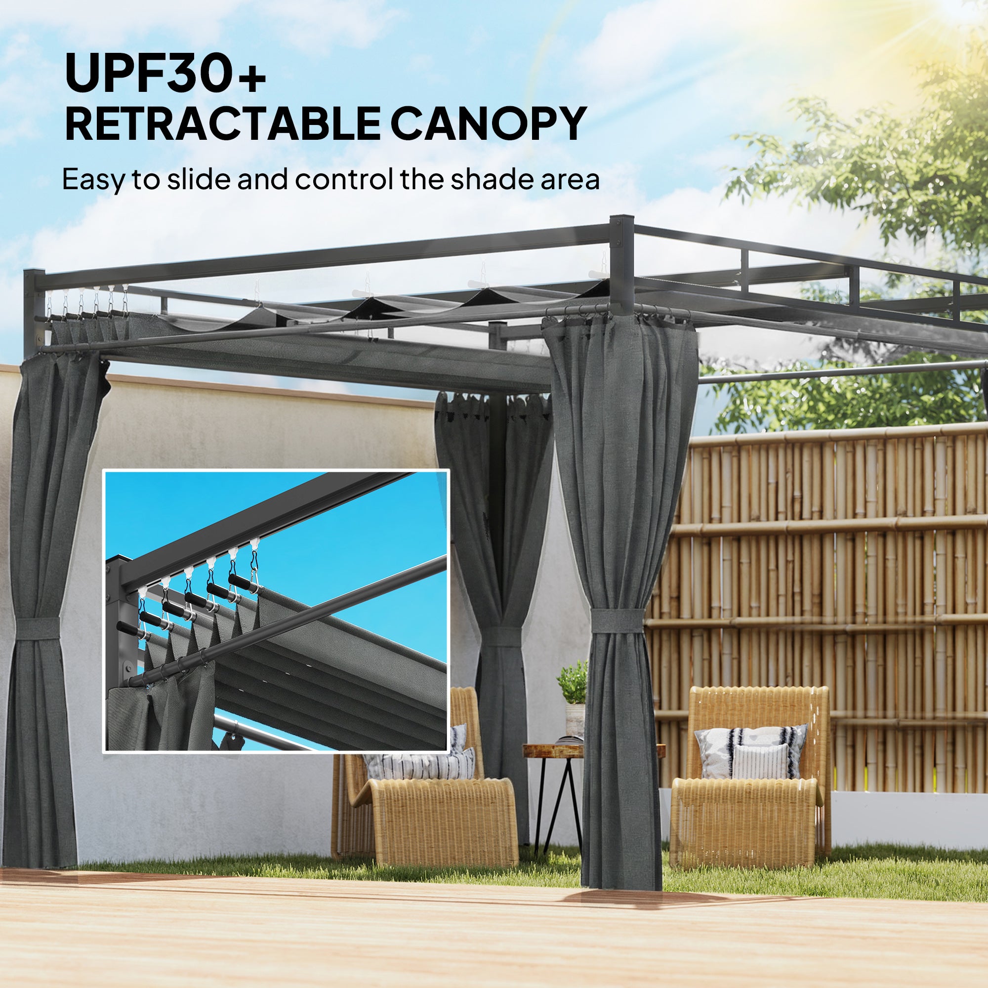 10' x 10' Outdoor Gazebo, Retractable Pergola Canopy with Curtains, UPF30+ Free Standing Metal Pergola Kit, Dark Grey