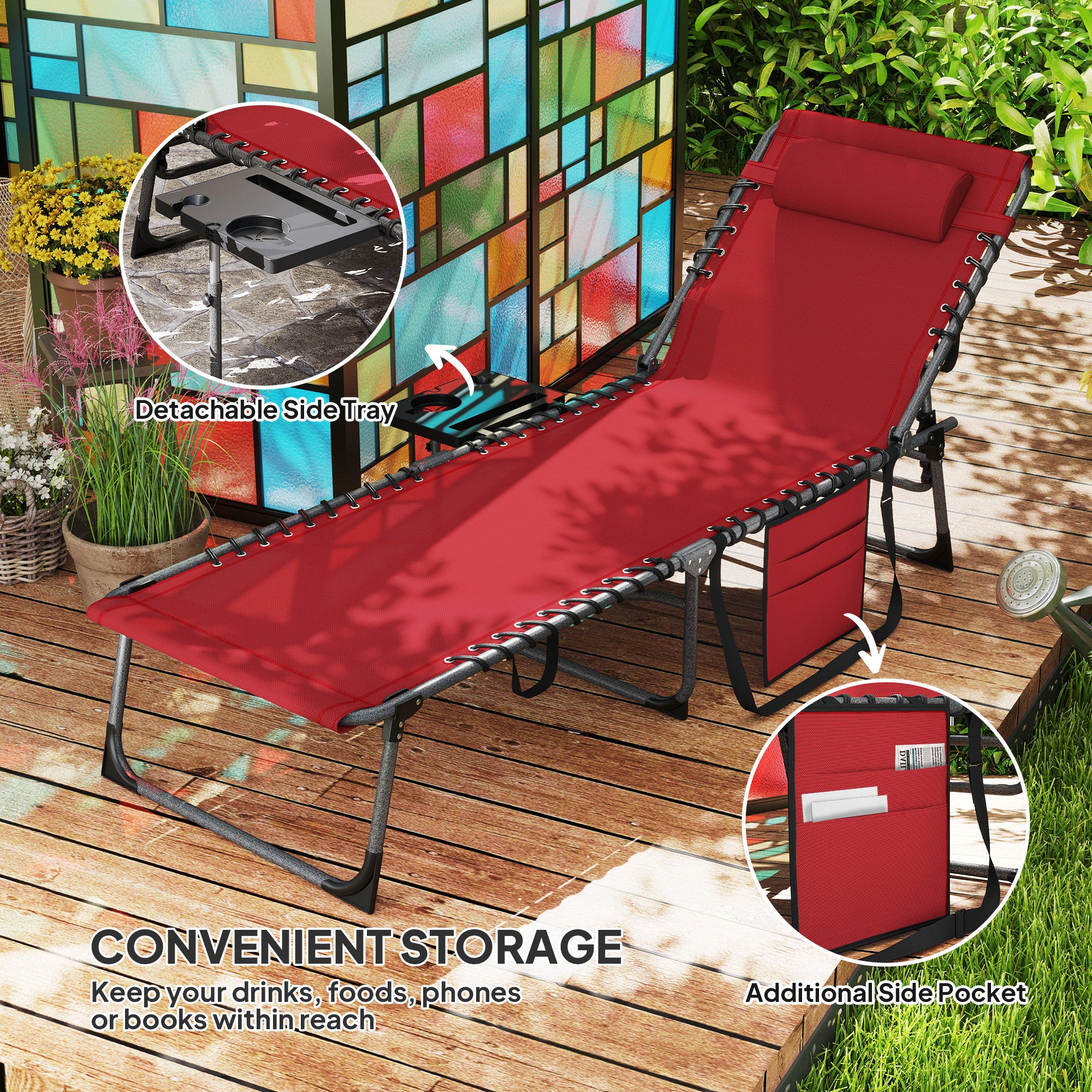 Folding Lounge Chair, Outdoor Chaise Lounge Tanning Chair with Adjustable Back, Side Table, Headrest, Red