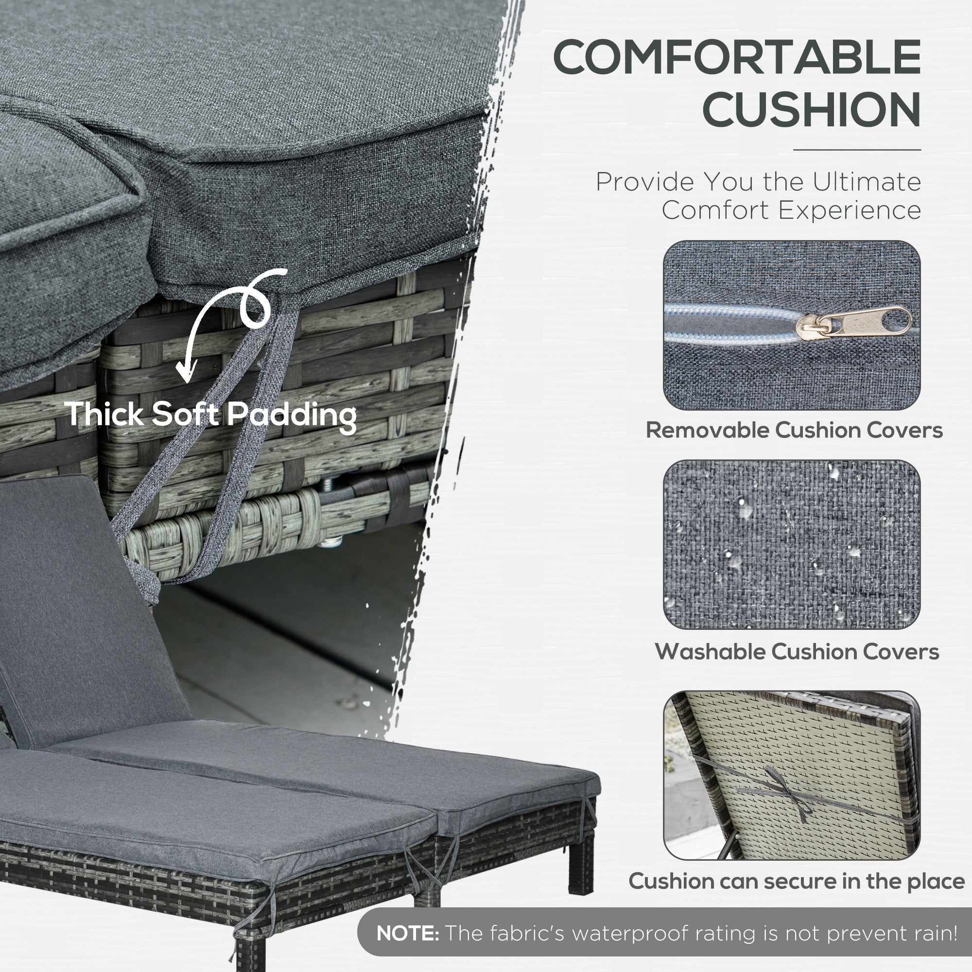 Wicker Double Chaise Lounge Chair Outdoor Recliner 2 Person Rattan Patio Reclining Sunbed Furniture Cushioned w/Adjustable Backrest, Black, Grey