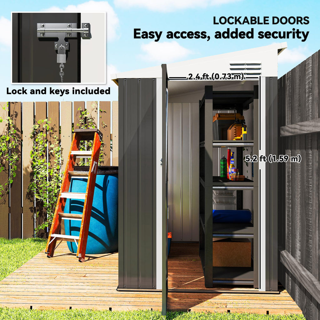 4' x 8' Outdoor Storage Shed Lean to Shed Outdoor Metal Tool Shed with Lockable Door and Air Vents, Dark Grey