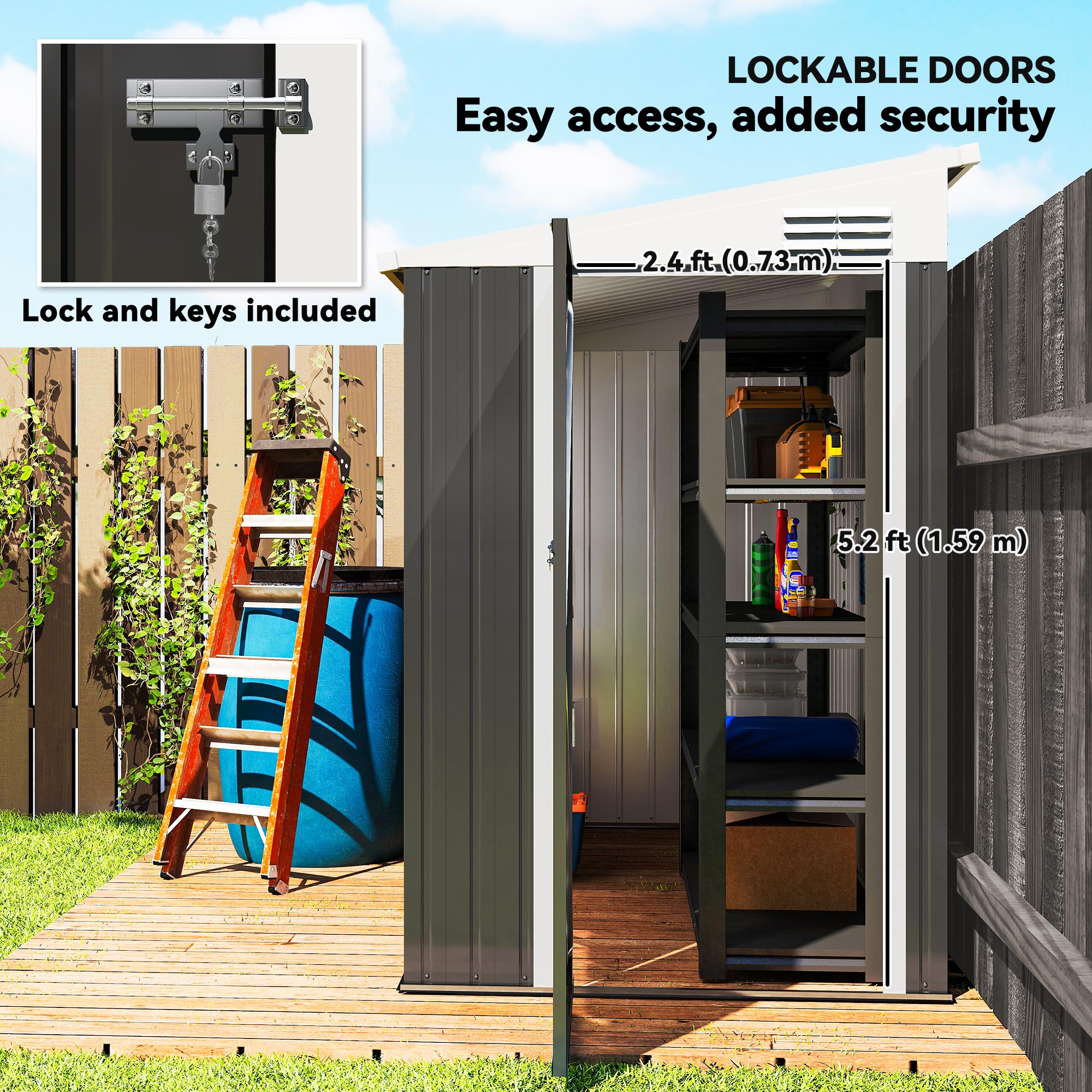 4' x 8' Outdoor Storage Shed Lean to Shed Outdoor Metal Tool Shed with Lockable Door and Air Vents, Dark Grey