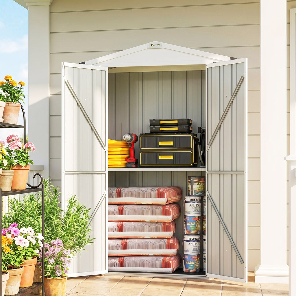 Outdoor Storage Shed Apex Roof Metal Garden Shed with Shelf for Backyard, Light Grey