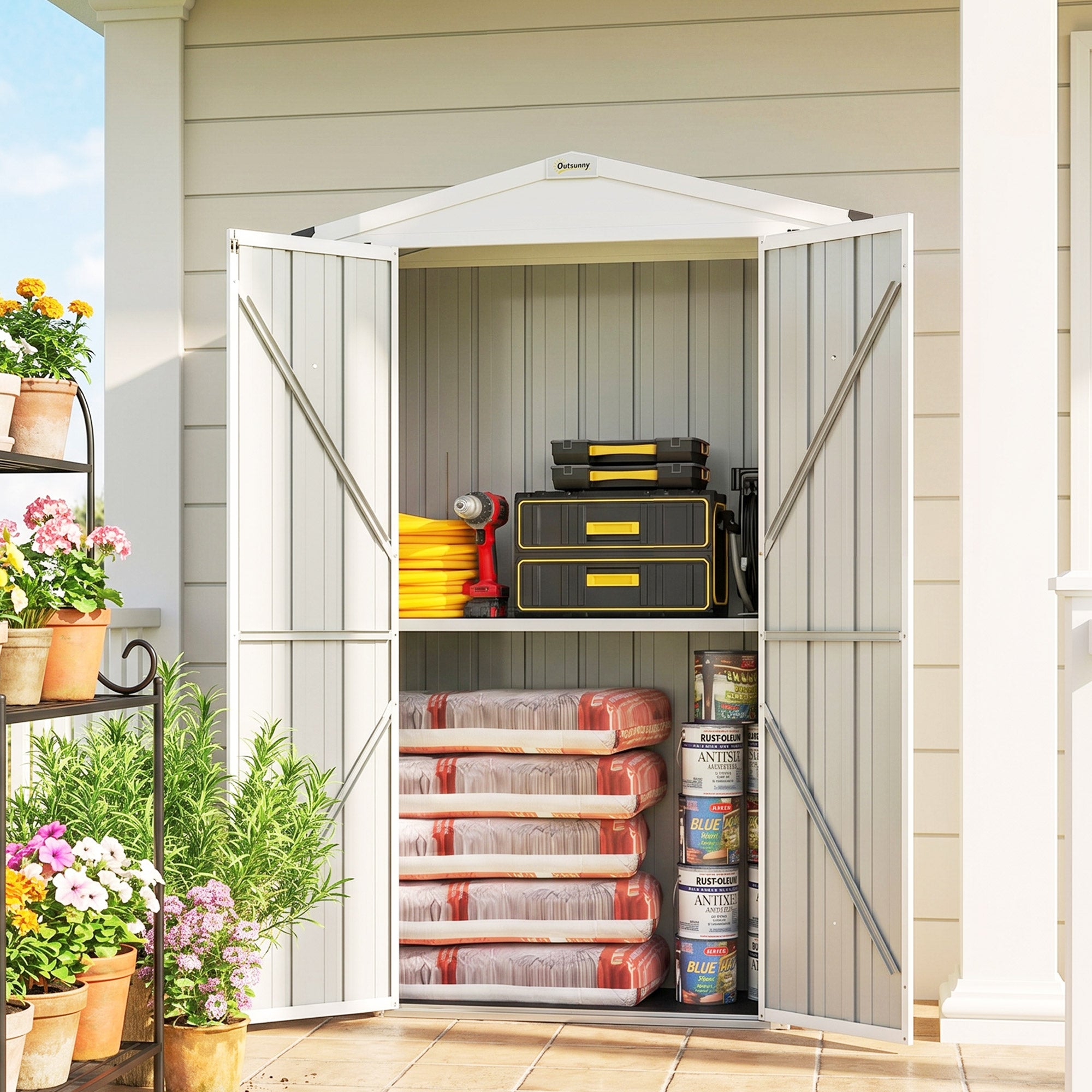 Outdoor Storage Shed Apex Roof Metal Garden Shed with Shelf for Backyard, Light Grey