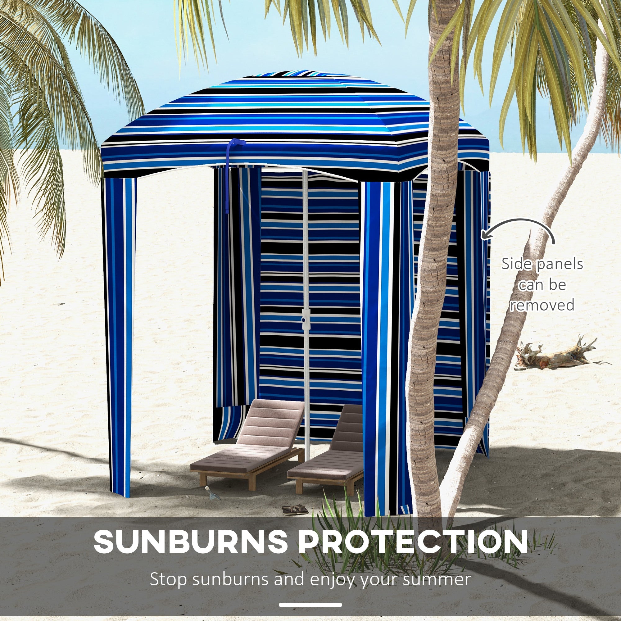 70.1" L x 70.1" W Cabana Umbrella with Walls, Vents, Ruffles, Carry Bag, Beach Umbrella, Blue Stripe