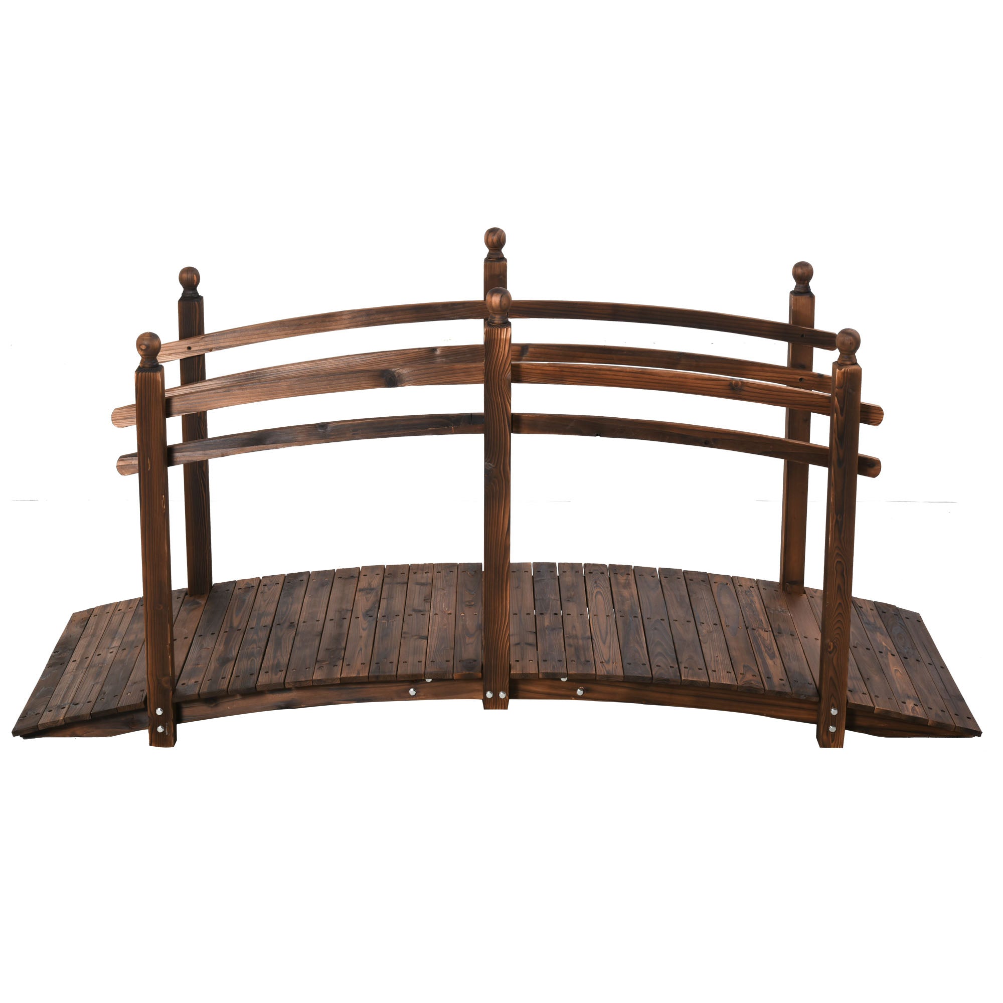 7.5' Fir Wood Garden Bridge Arc Walkway with Side Railings, for Backyards, Gardens, & Streams, Tan