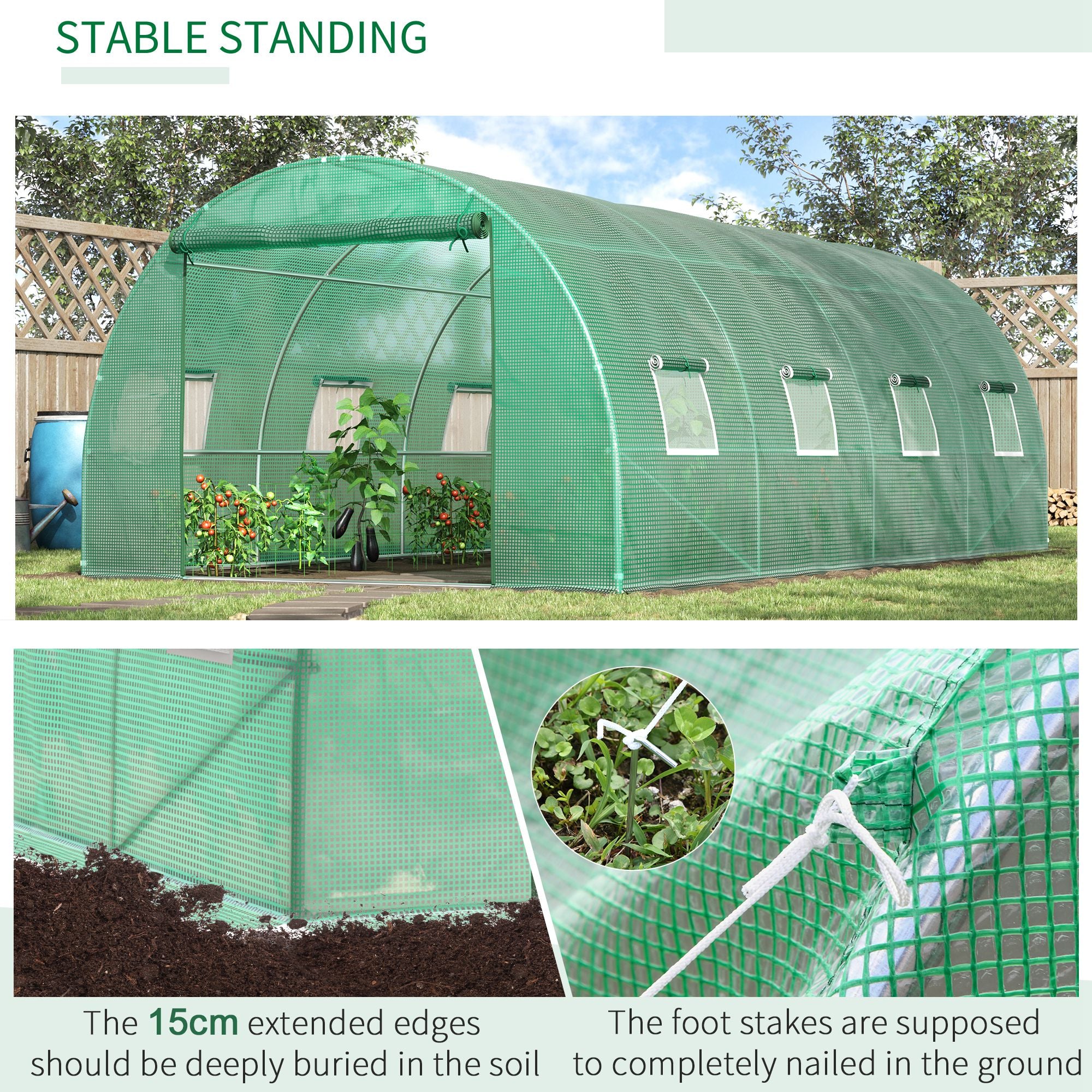 Walk-in Tunnel Greenhouse, 19 x 10 x 6.6 ft Hoop House with Zipped Roll-Up Door, 8 Mesh Windows, Wind Resistance Level 4, Green