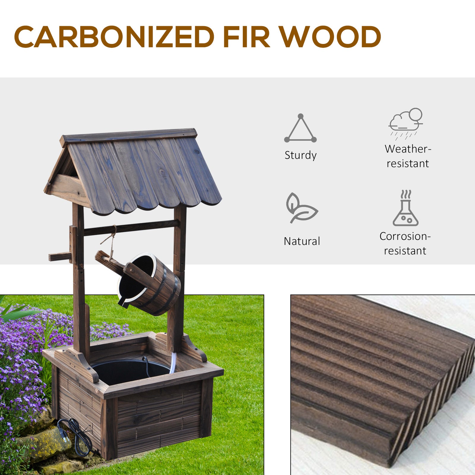 Wooden Well Wishing Fountain Outdoor with Electric Pump Water Bucket for Patio Garden Carbonized