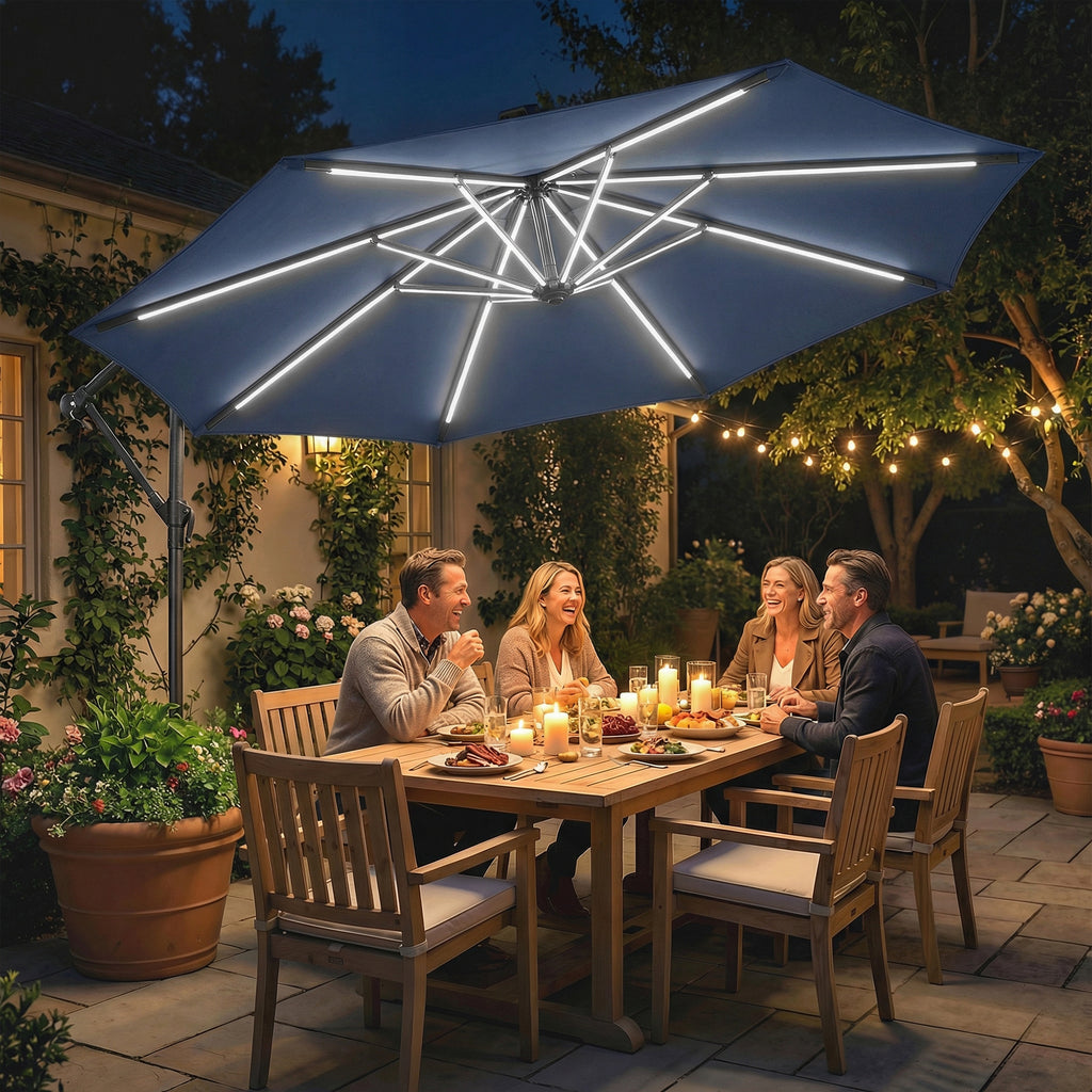 10 ft Offset Patio Umbrella with Solar Light, Garden Hanging Parasol with 360Â° Rotation, Tilt, Cover, Navy Blue