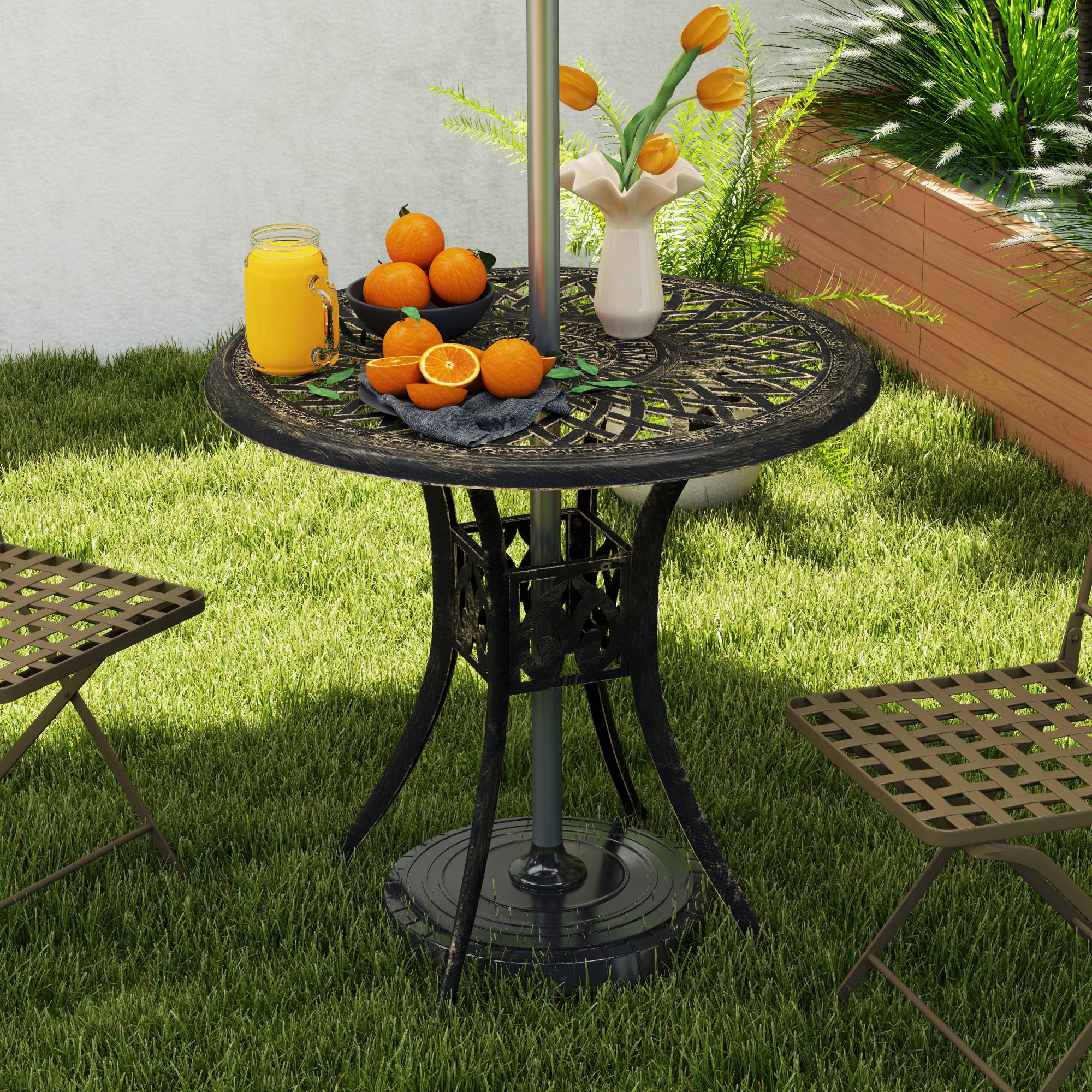 30-inch Round Patio Dining Table with Umbrella Hole Cast Aluminium Outdoor Bistro Table, Brown