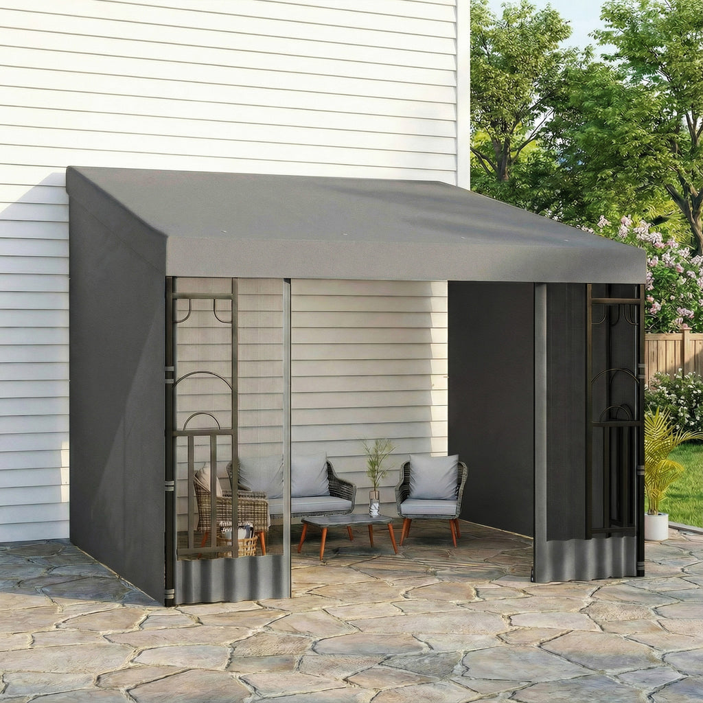 10' x 10' Wall Pergola with 2 Curtains and 2 Nettings UV Resistant Gazebo for Patio, Deck, Dark Grey
