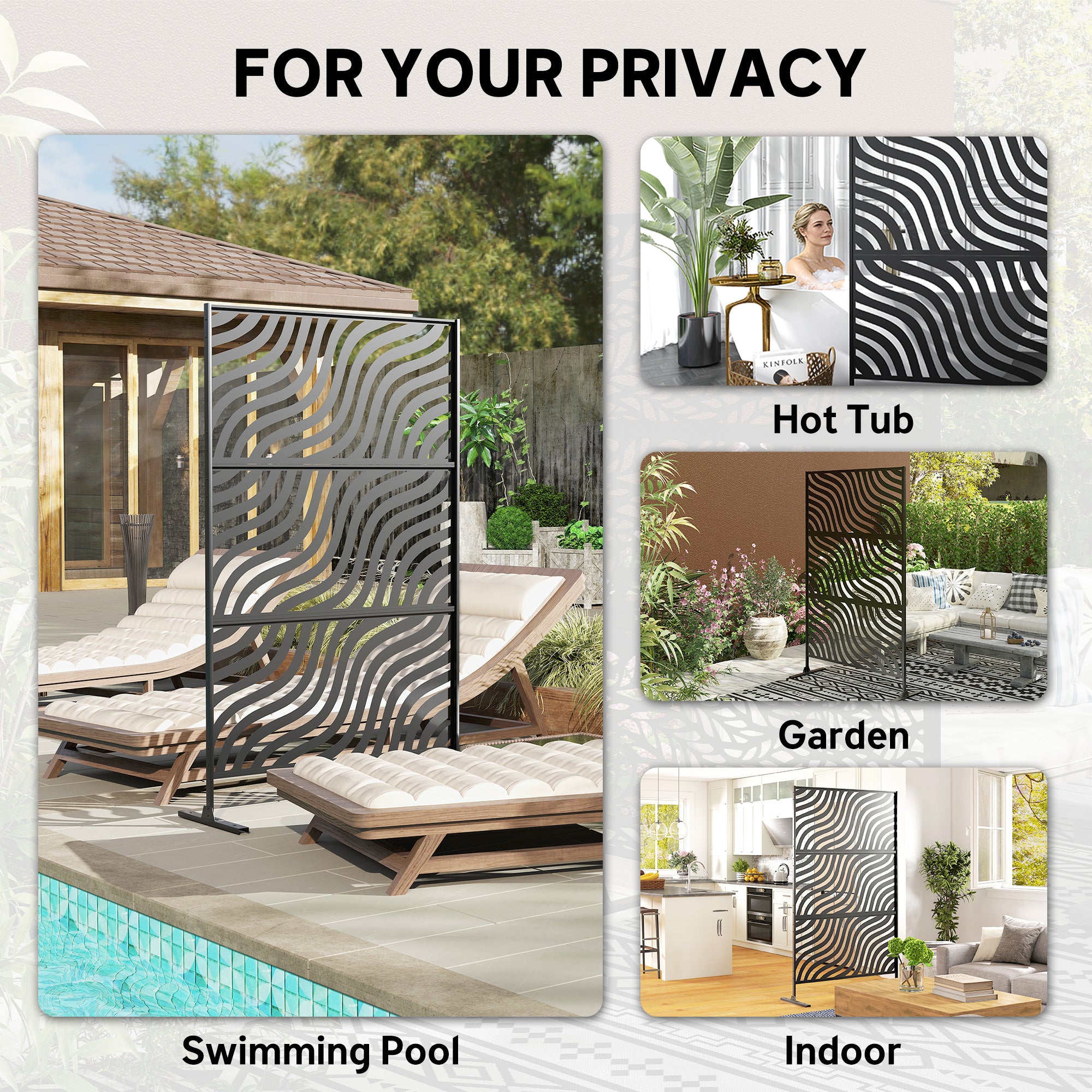 Metal Outdoor Privacy Screen, Freestanding Outdoor Divider with Stand, 78" x 48", Black