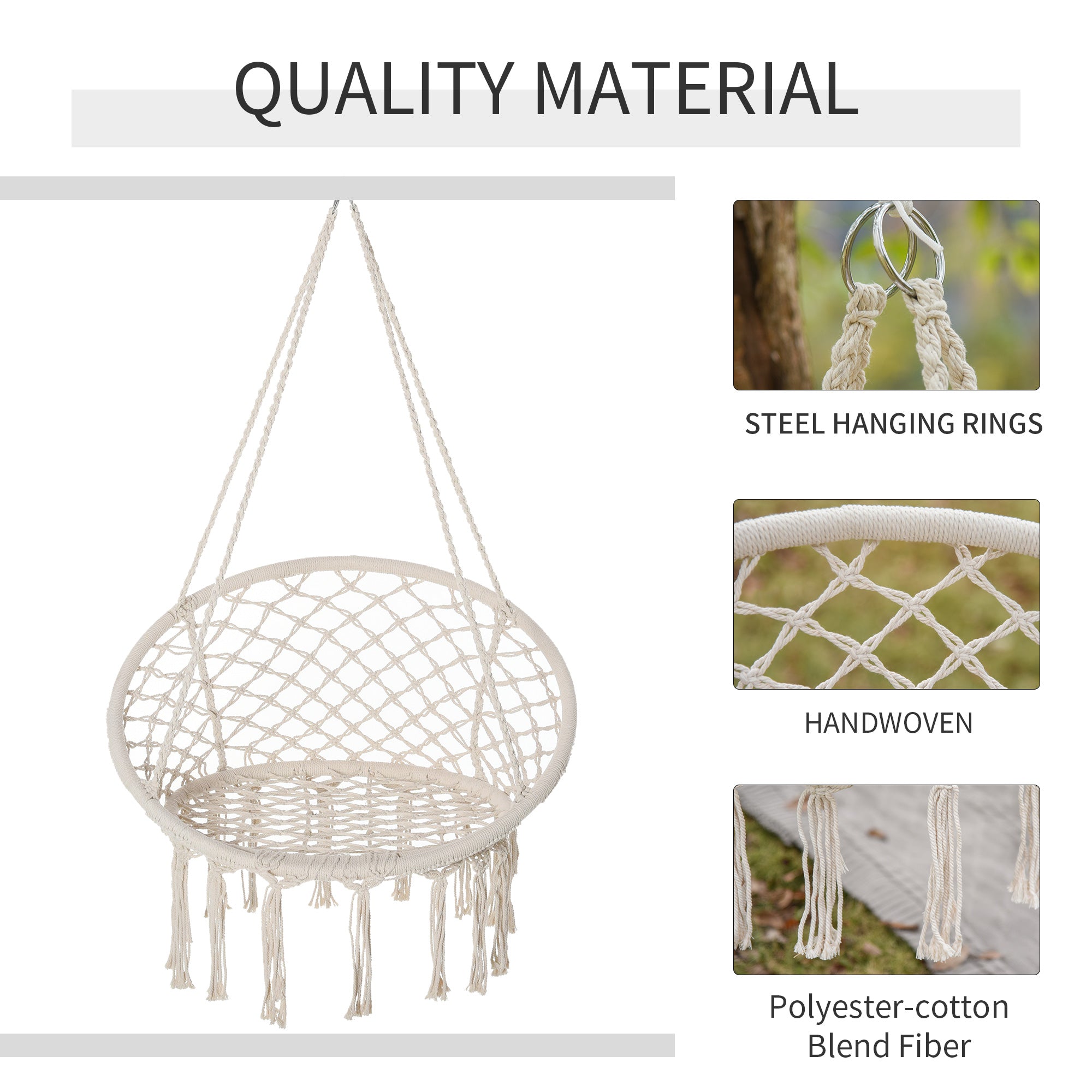 Patio Hammock Chair, Hanging Rope Hammock Swing for Indoor & Outdoor Use with Backrest, Cotton-Polyester Blend, Fringe Tassels, Cream White