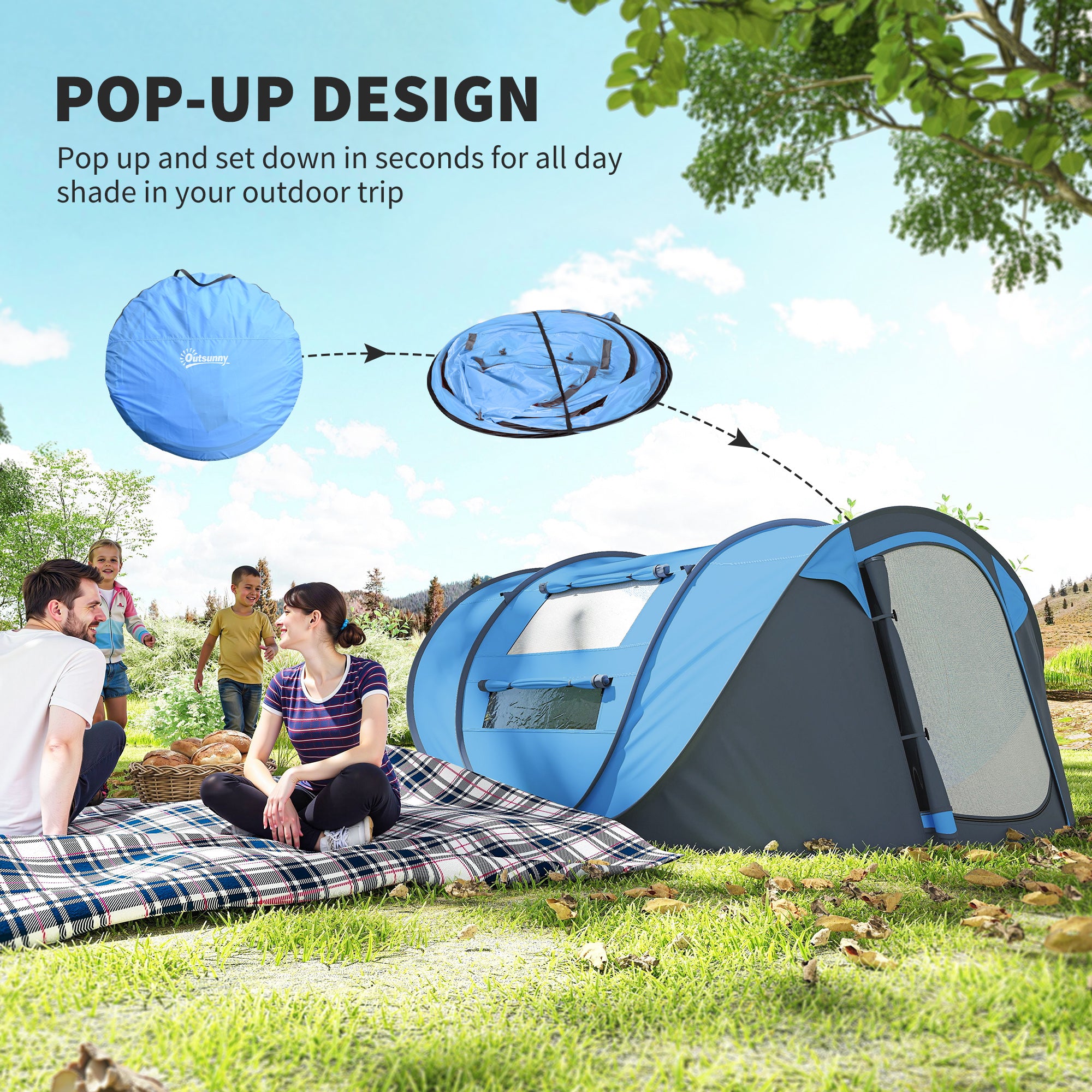 4 Person Camping Tent, Easy Pop Up Tent with Doors, Windows and Carry Bag, Automatic Setup Tent for Hiking, Blue