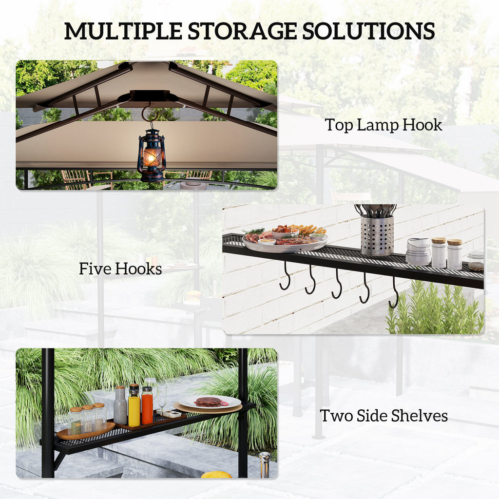 8' x 5' Grill Gazebo, Double Tiered Barbecue Grill Gazebo Shelter with Side Awning, 2 Side Shelves, 6 Hooks, Khaki