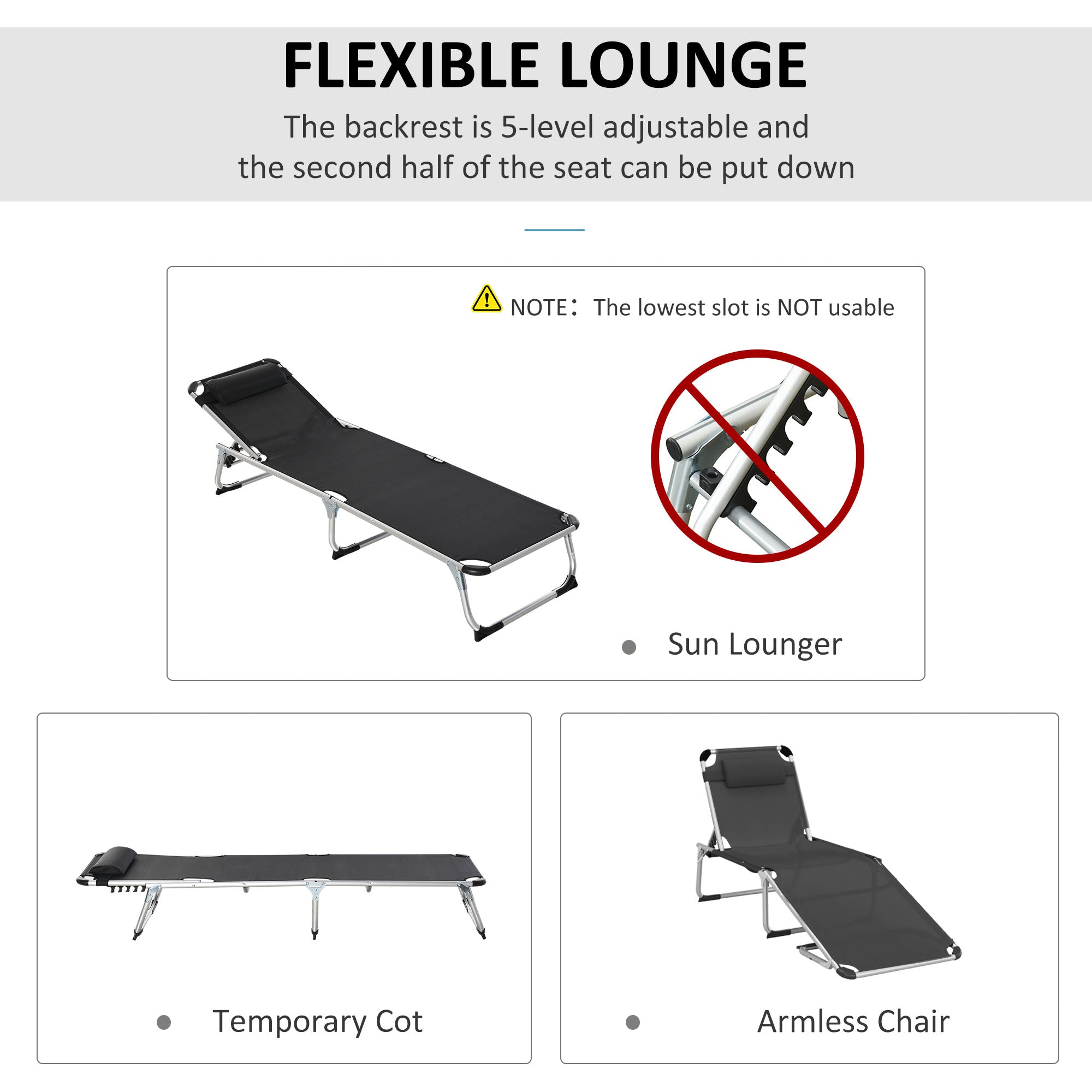 Folding Lounge Chair, Patio Lounger with Headrest, 5-Level Adjustable Backrest, and Aluminum Frame, Black