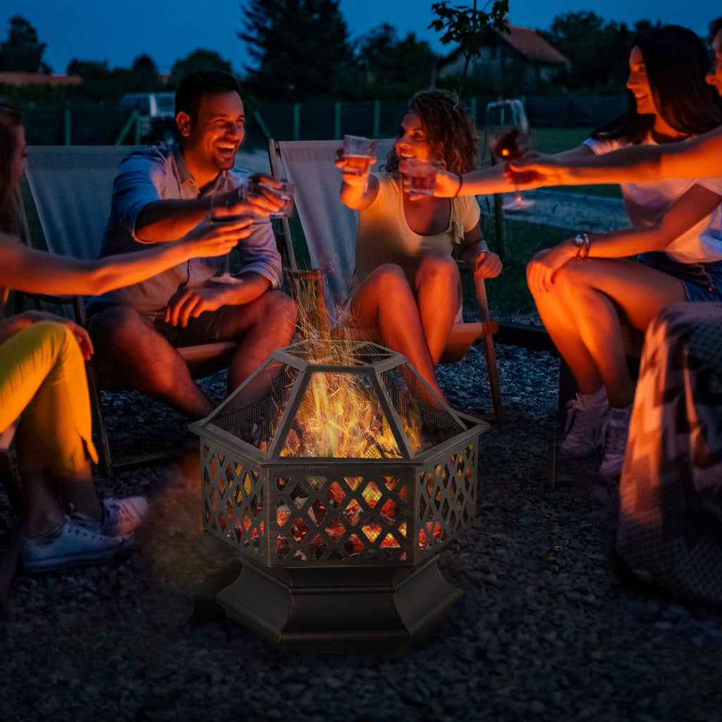 24.5" Outdoor Fire Pit with Mesh Lid, Portable Wood Burning Firebowl with Poker for Patio, Backyard, Bronze