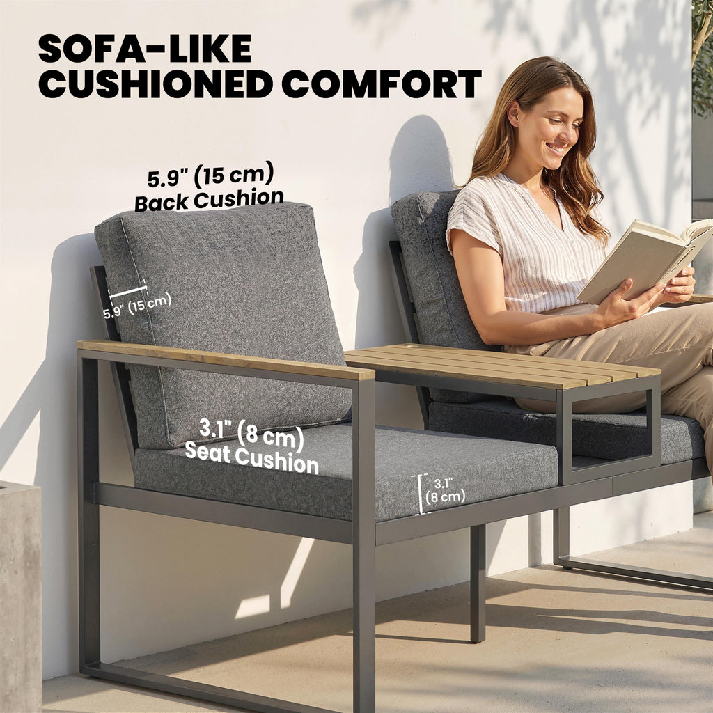 Outdoor Garden Bench with Integrated Table, 2 Seater Patio Loveseat with Thick Cushions, 136 cm Grey