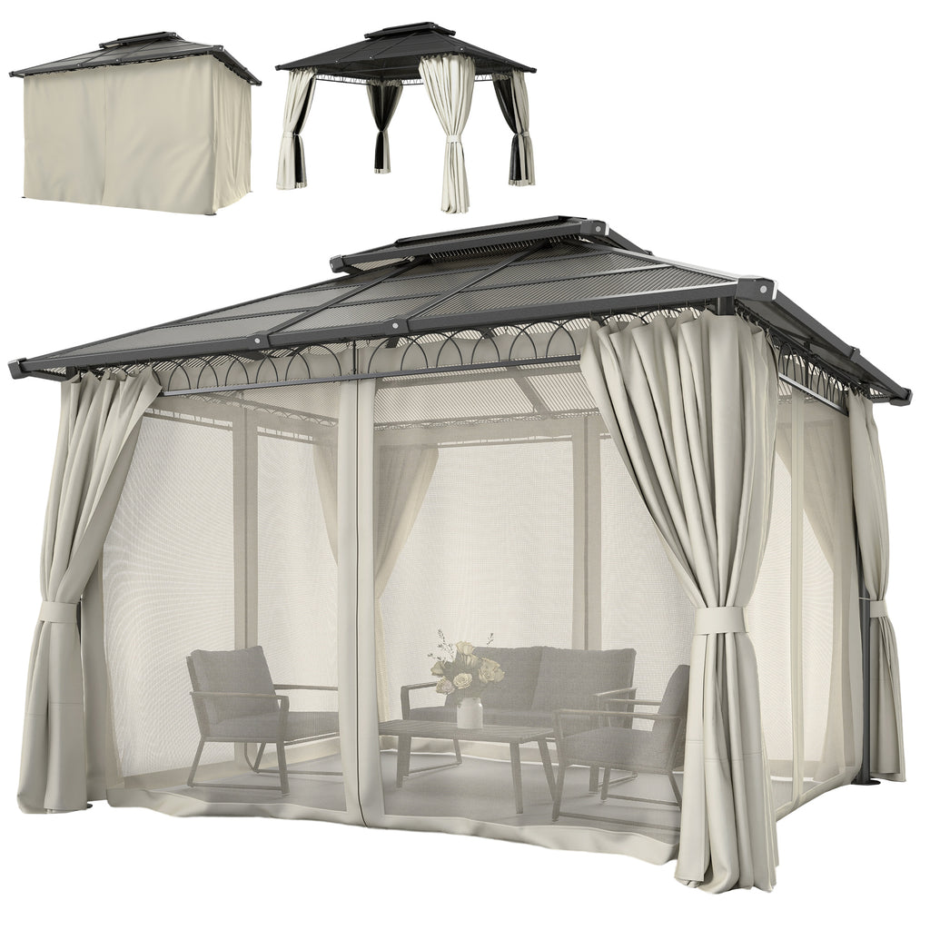 10' x 12' Outdoor Gazebo Canopy, DoubleÂ Roof Hardtop Gazebo withÂ Polycarbonate Roof, Steel Frame, NettingsÂ andÂ Curtains