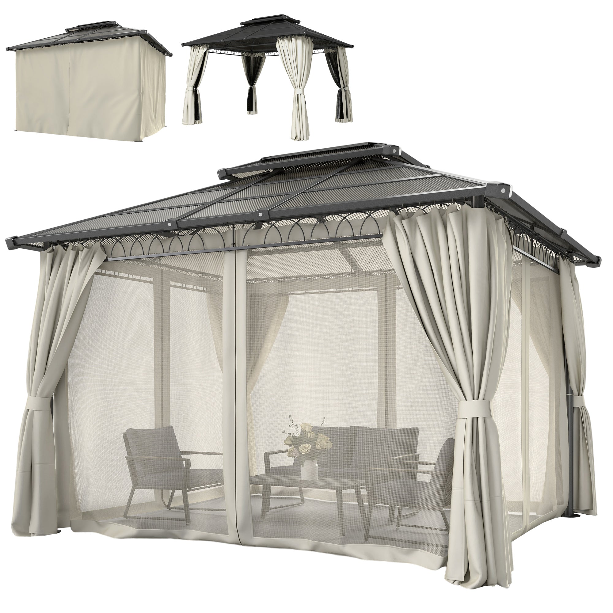 10' x 12' Outdoor Gazebo Canopy, DoubleÂ Roof Hardtop Gazebo withÂ Polycarbonate Roof, Steel Frame, NettingsÂ andÂ Curtains