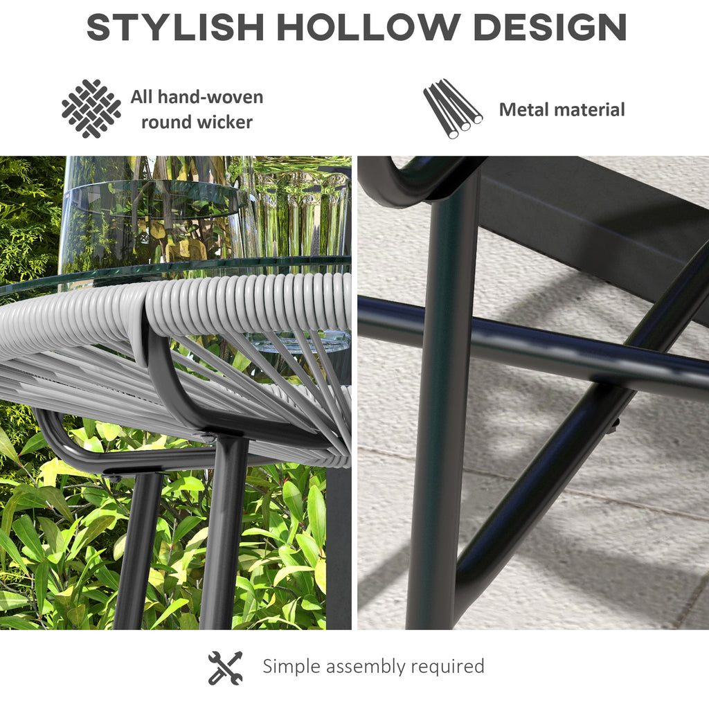 Rattan Side Table, Round Outdoor Table, with Round PE Rattan and Tempered Glass Table Top for Patio, Garden, Grey