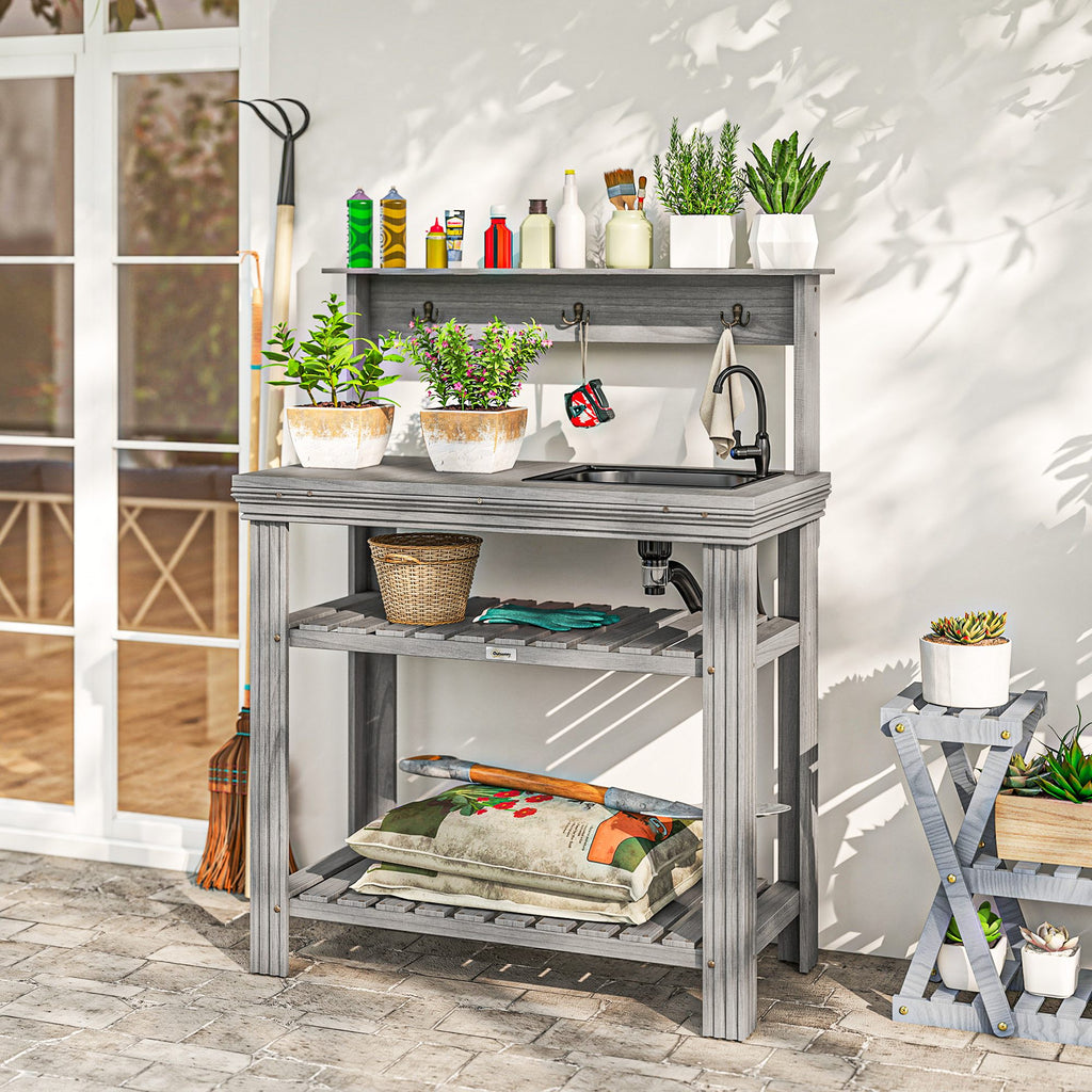 Outdoor Potting Bench Table with Faucet, Removable Sink, Hooks and Storage Shelves, Wood Work Bench Workstation, Grey