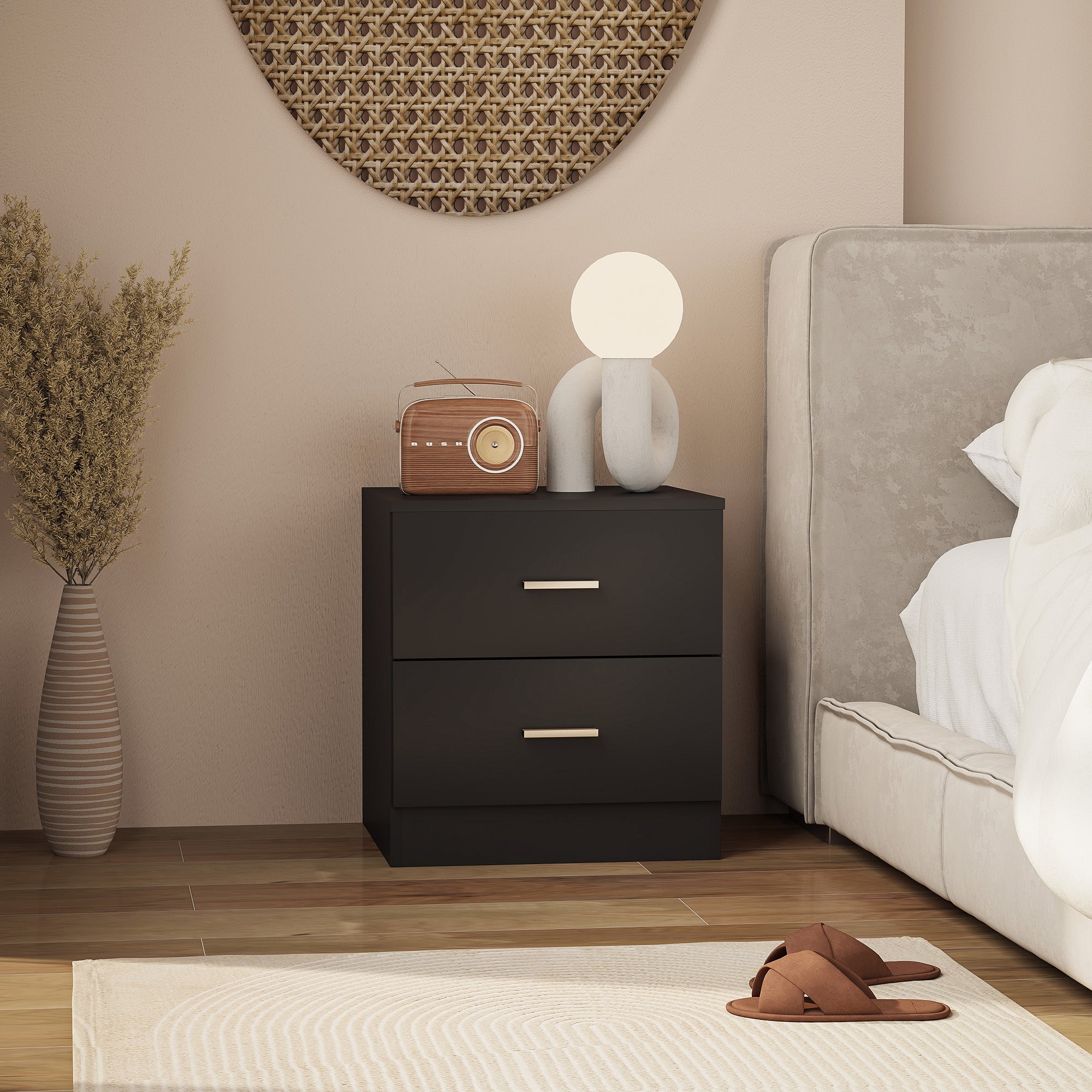 Bedside Table with 2 Drawers, Modern Nightstand for Bedroom, Black