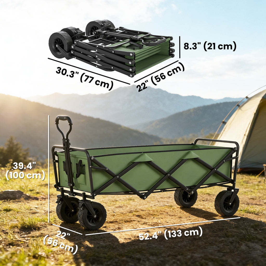 130L Folding Garden Cart with Wheels, Heavy-Duty Collapsible Wagon with Brakes, Green