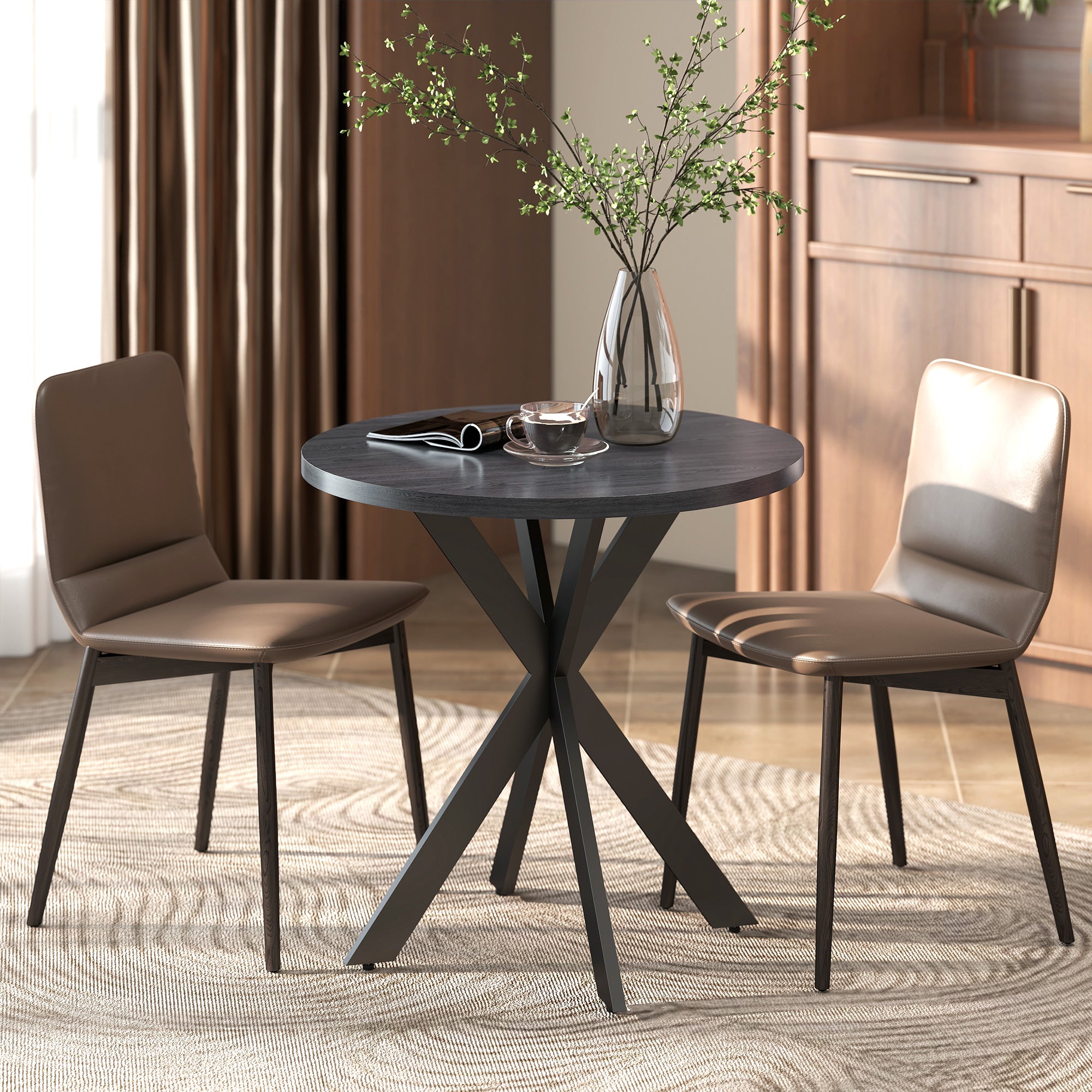 29" Dining Table, Contemporary Round Kitchen Table with Steel Legs, Black