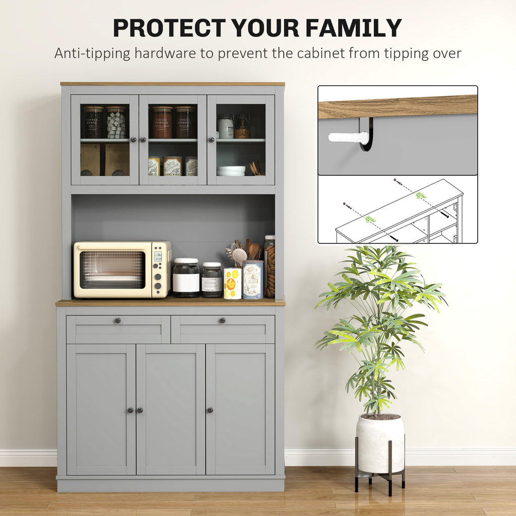 71" Pantry Cabinet with Microwave Space, Buffet with Hutch, 2 Drawers, Adjustable Shelves and Glass Doors, Grey