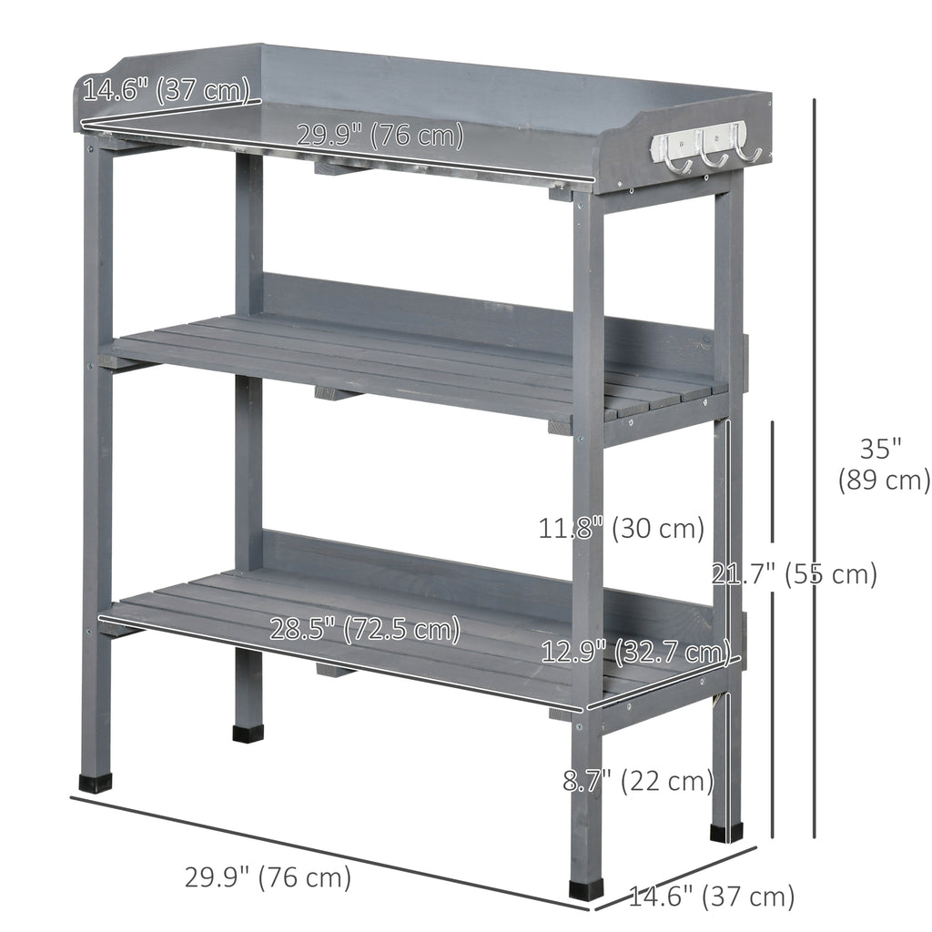 Outdoor Garden Wooden Potting Bench Work Station Table Tool Storage Shelf w/ Hooks, Grey