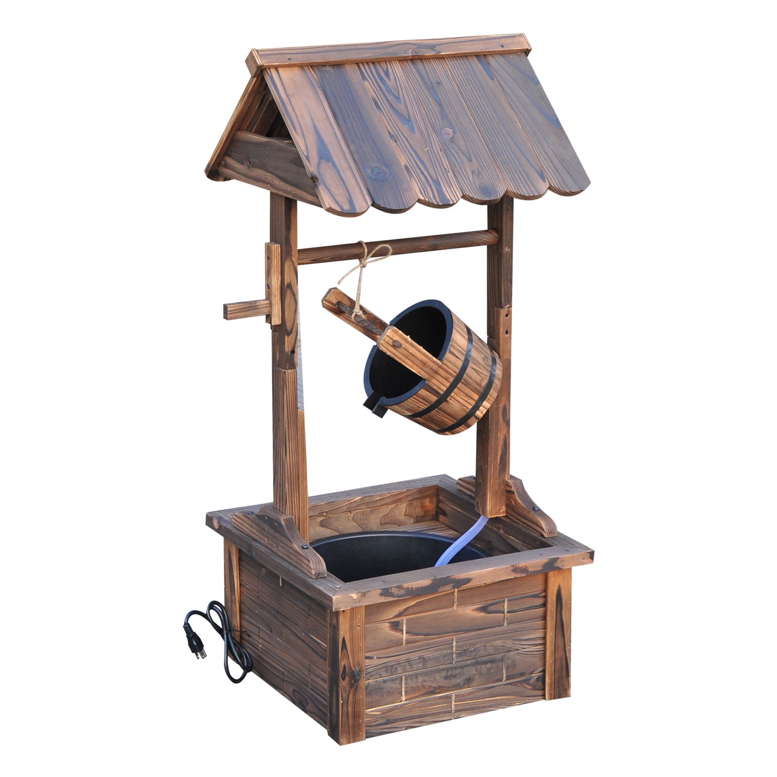 Wooden Well Wishing Fountain Outdoor with Electric Pump Water Bucket for Patio Garden Carbonized