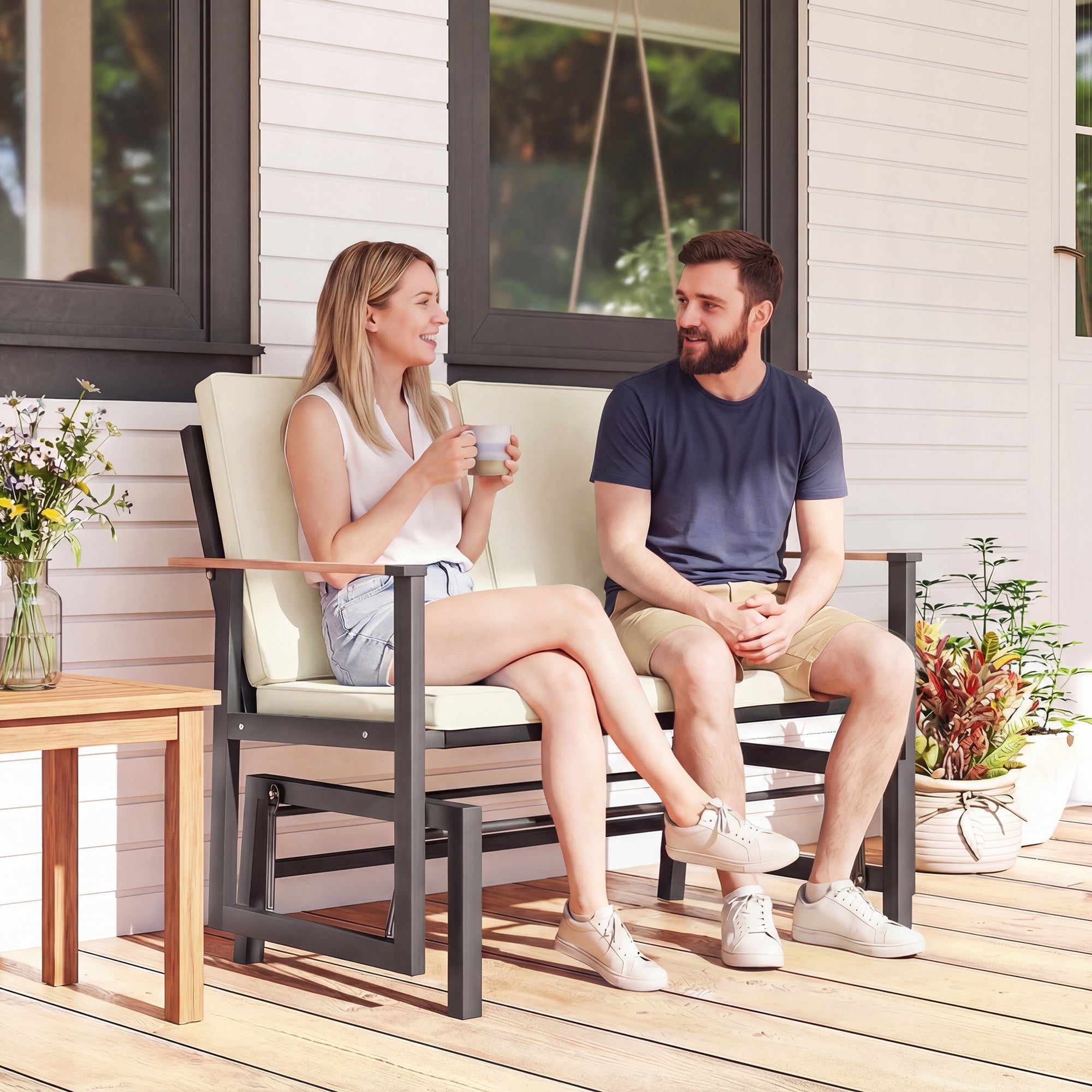 Outdoor Glider Bench for 2 Person, Patio Glider Loveseat with Thick Cushions for Garden Balcony Porch, Cream White