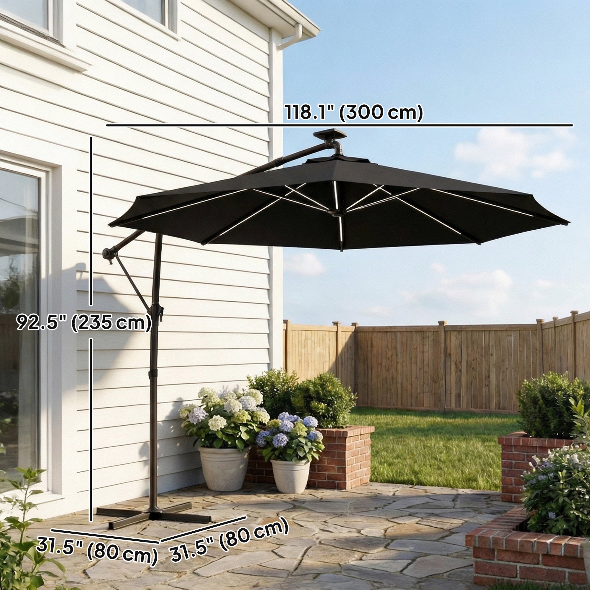 10 ft Offset Patio Umbrella with Solar Light, Garden Hanging Parasol with 360Â° Rotation, Tilt, Cover, Black