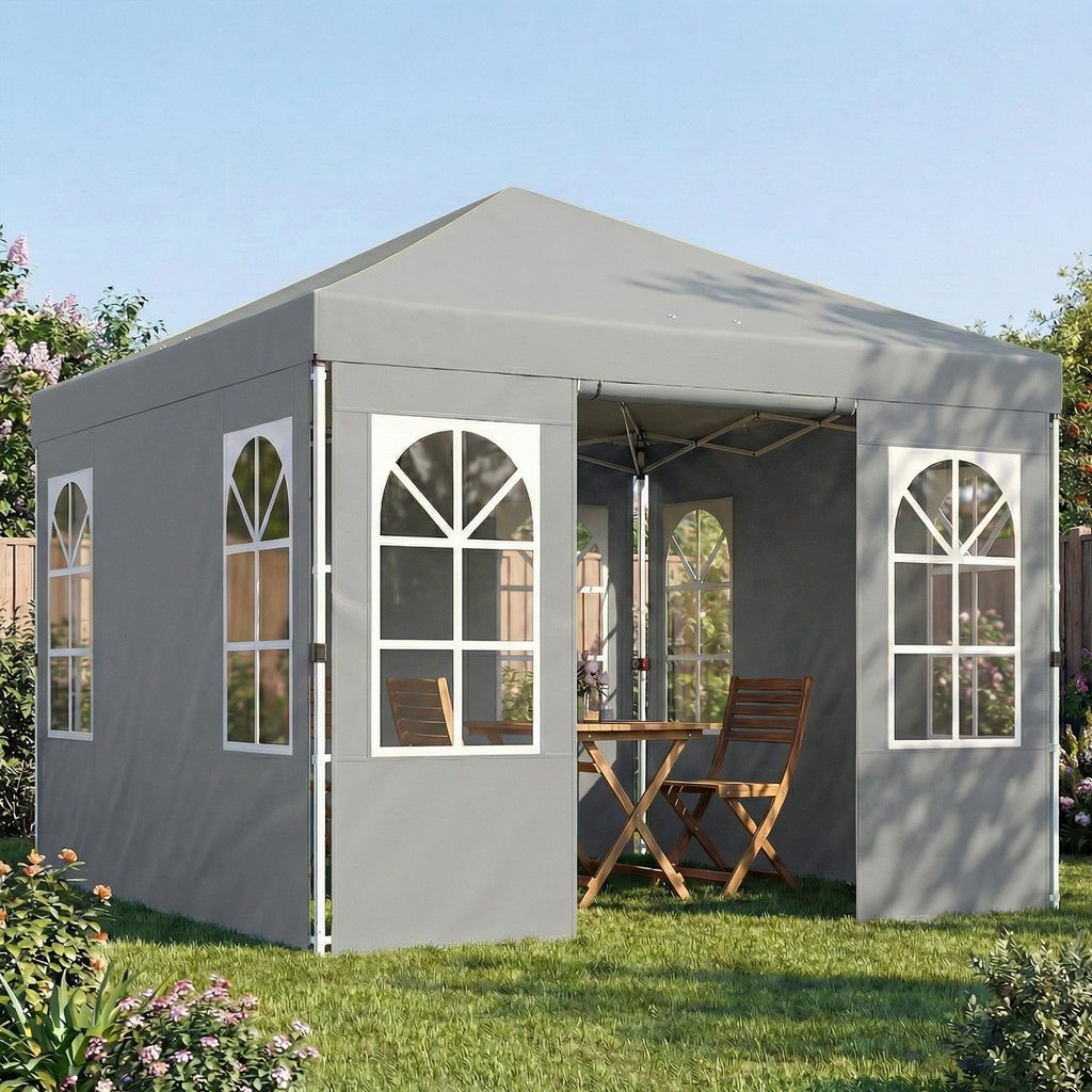 9.6 x 9.6 ft Pop Up Canopy Tent with 4 Sidewalls, UPF 50+ 1-Button Push Easy Setup Outdoor Instant Canopy, Light Grey