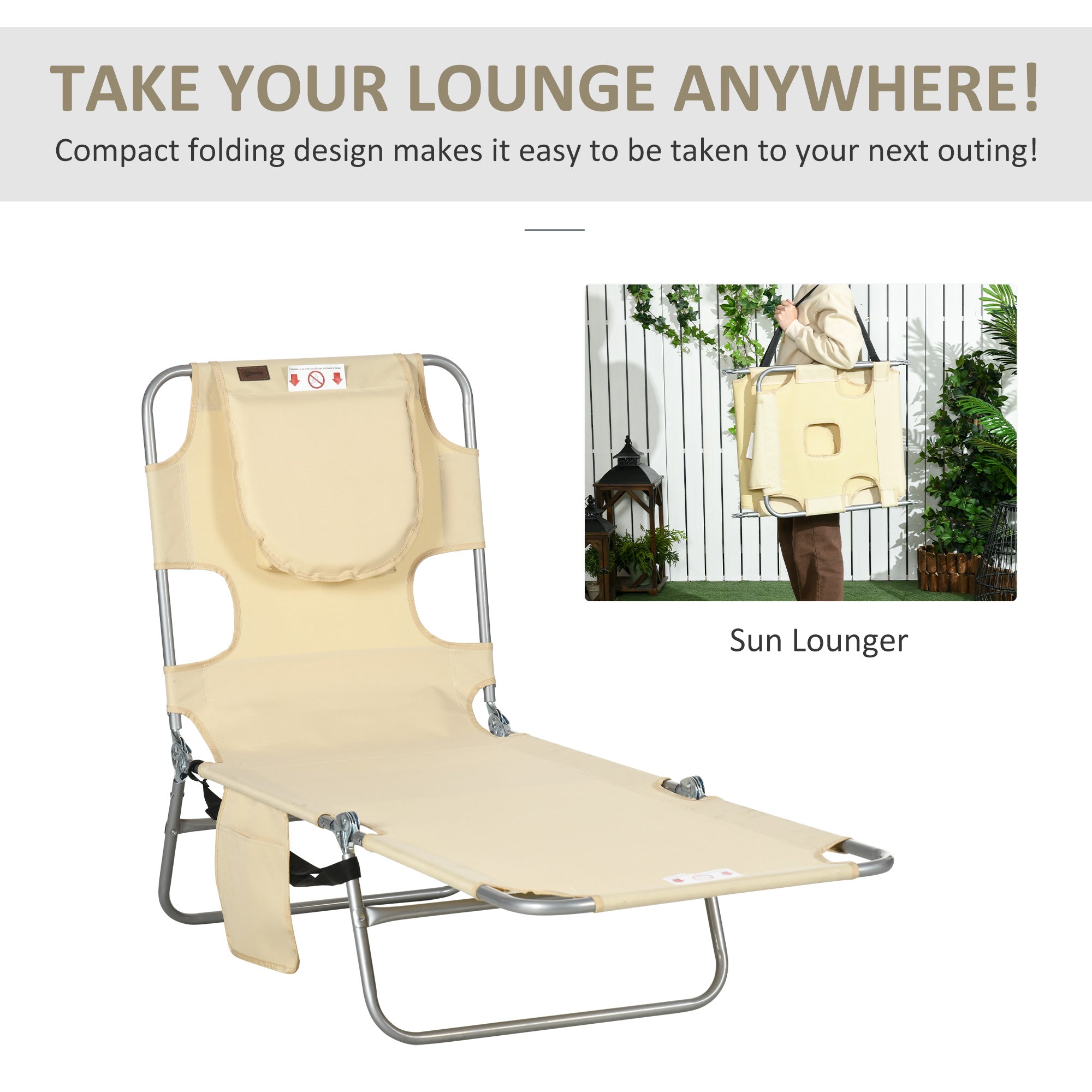 Folding Outdoor Lounge Chair, 5-Level Tanning Chair with Face Hole, Side Pocket, Carry Strap for Beach Pool, Beige