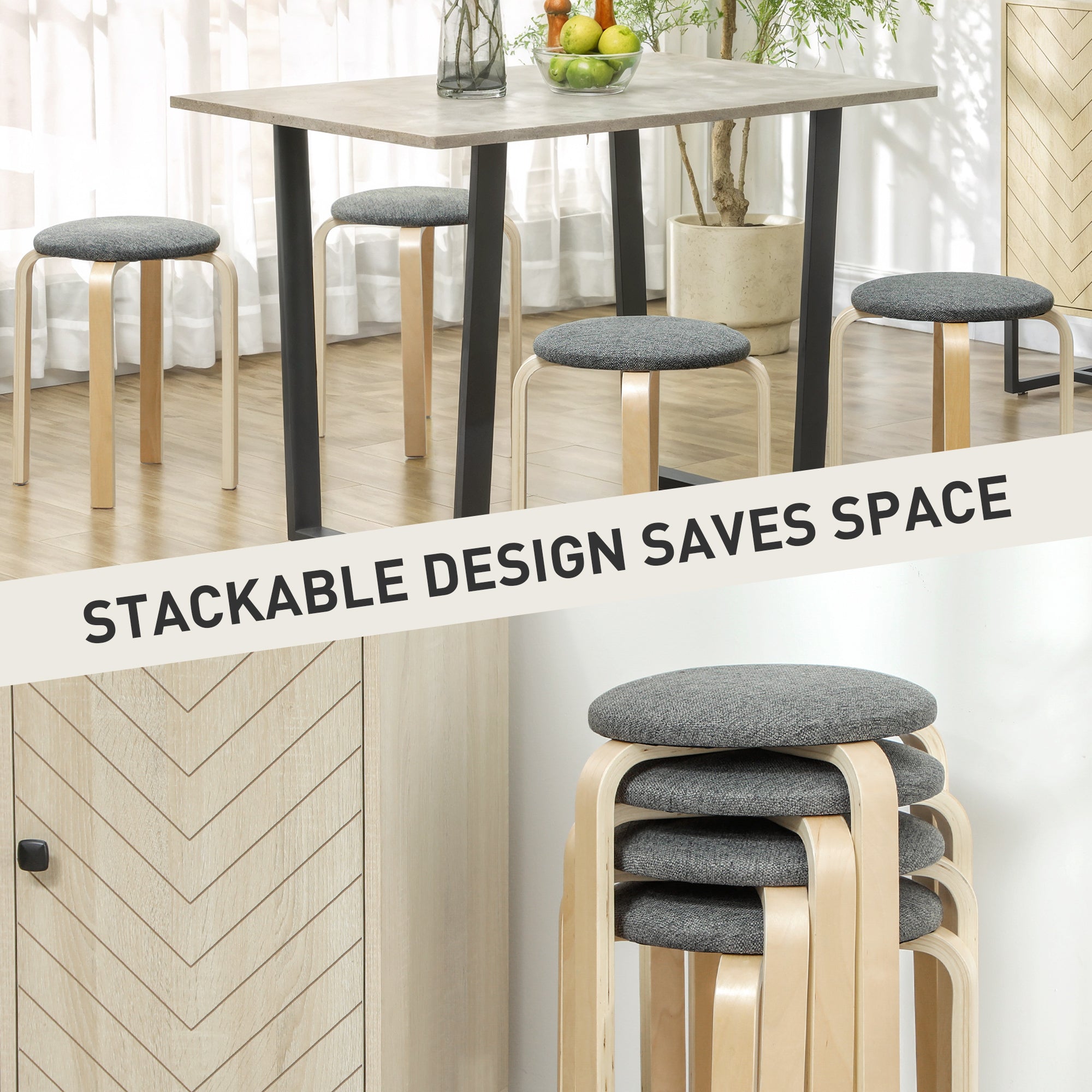 Stackable Wood Stools Set of 4, Stacking Kitchen Stools with Padded Seat for Dining Room, Living Room, Grey