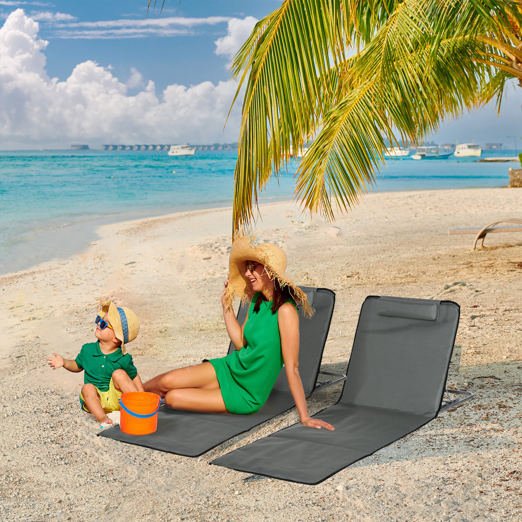 Set of 2 Sun Lounger Beach Mat Folding Lounge Chair Mat with Adjustable Back Steel Frame Head Pillow Carry Bag Grey