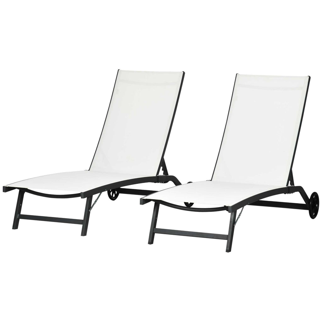 Outdoor Lounge Chair Set of 2, Tanning Chair with Wheels, Breathable Mesh for Patio, Backyard, Poolside, Cream White