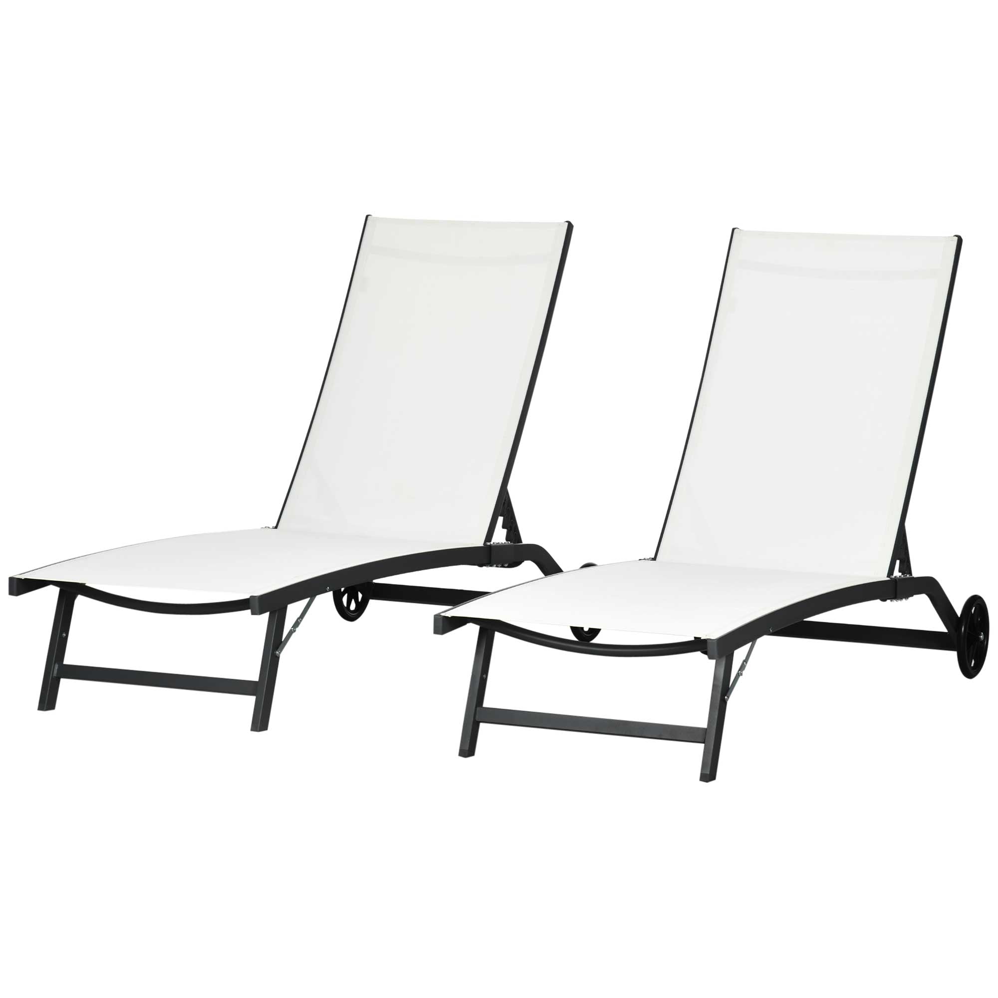 Outdoor Lounge Chair Set of 2, Tanning Chair with Wheels, Breathable Mesh for Patio, Backyard, Poolside, Cream White