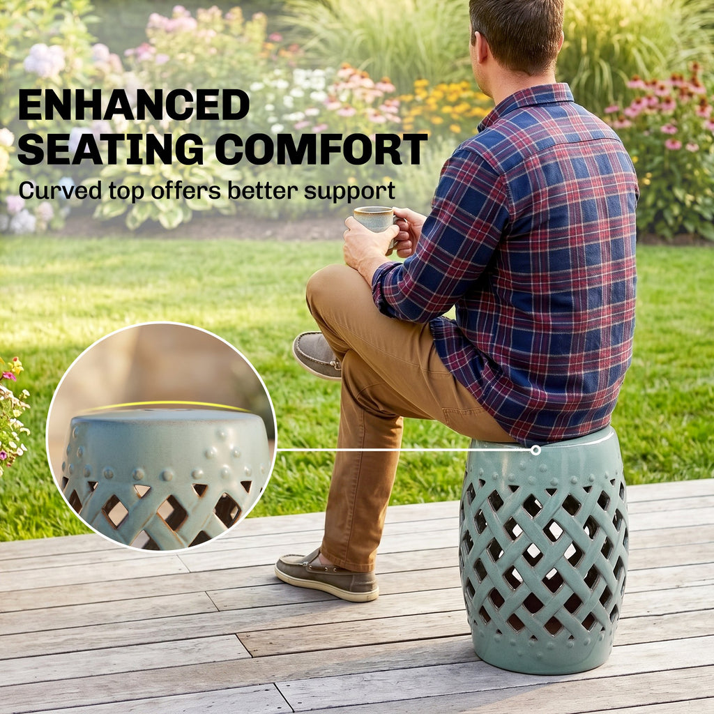 12.4" x 17.9" Ceramic Garden Stool with Woven Lattice Design, Indoor & Outdoor Decorative Accent Stool, Blue