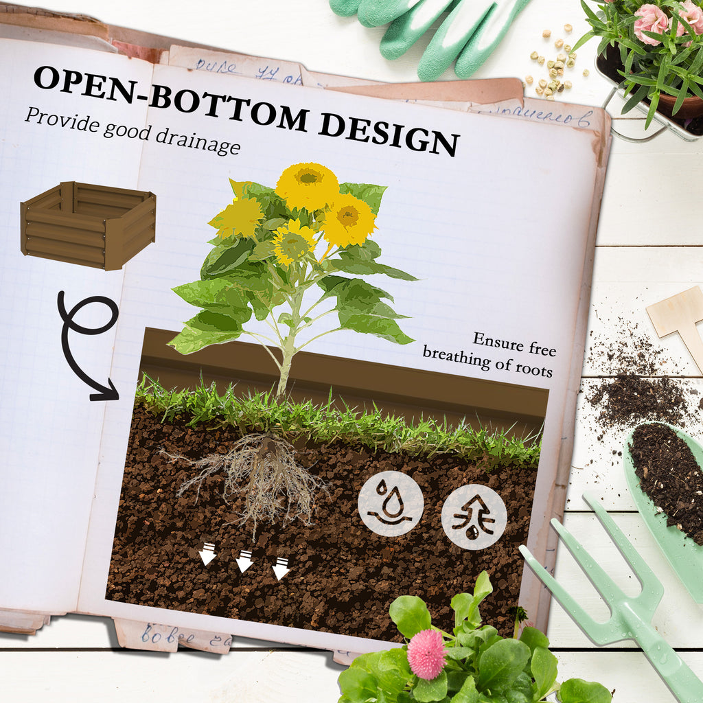 Galvanized Planter Box, Outdoor Raised Garden Bed with 3-Tier Trellis Tomato Cage for Climbing Vines, Vegetables, Brown