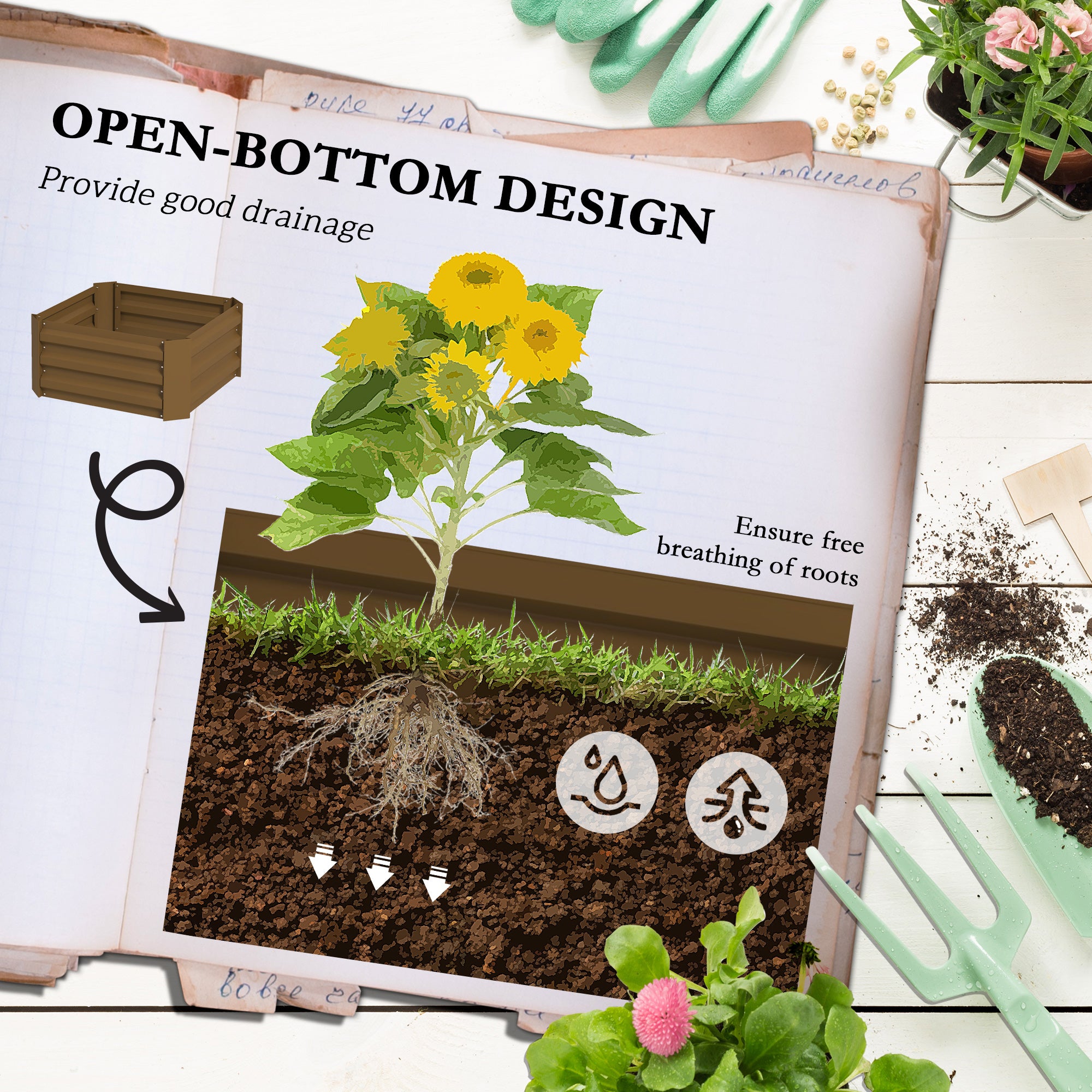 Galvanized Planter Box, Outdoor Raised Garden Bed with 3-Tier Trellis Tomato Cage for Climbing Vines, Vegetables, Brown